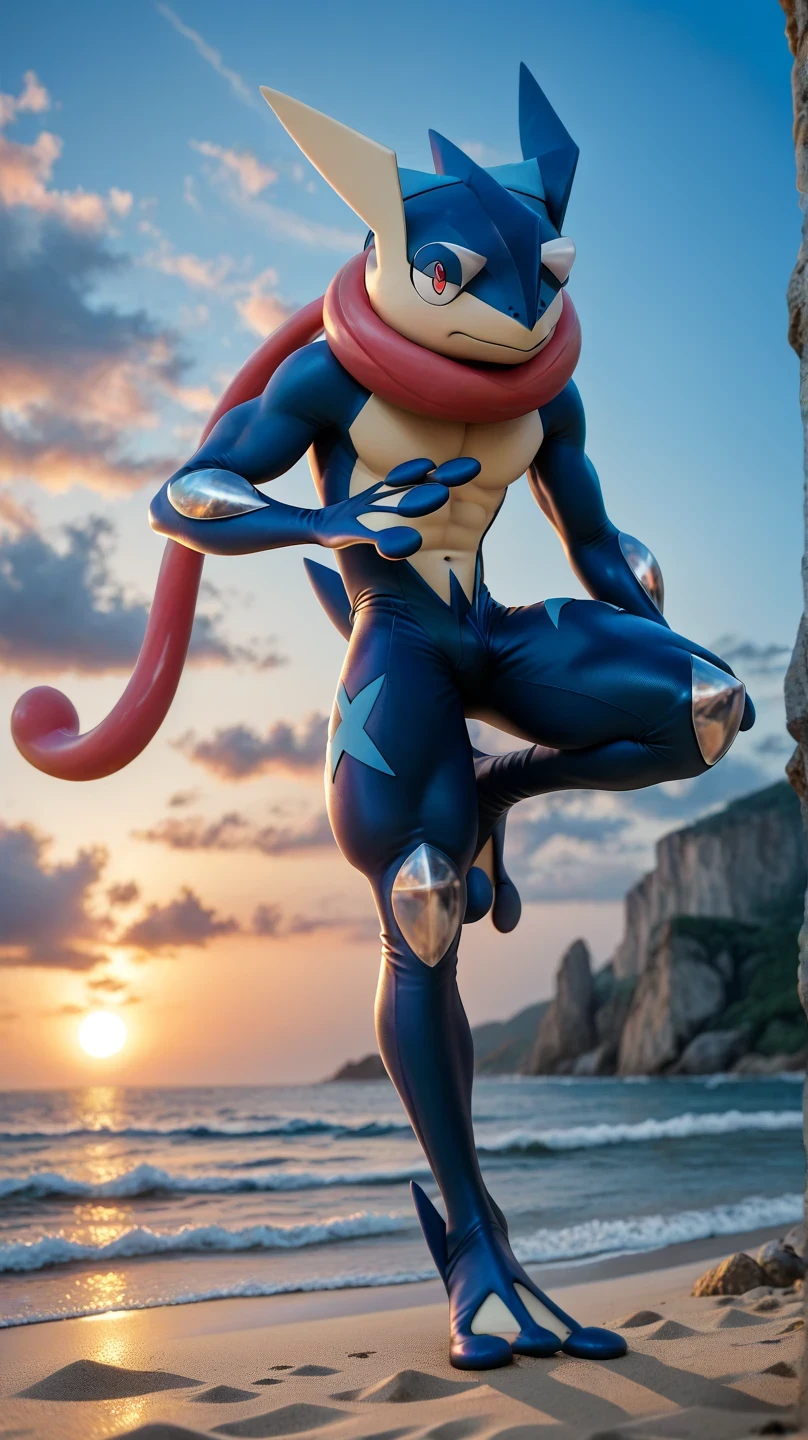 ( masterpiece, better quality:1.2),Alone,greninja male \(Pokémon\),Pokémon \(creature\), full body, there are no humans, arms extended , blue skin , tight pants mirando al espectador ,blue sky, posture: Standing on two legs , husky, husky, relaxed gaze , Marked muscles, from below, on the beach, blue sky, white clouds, Blue Sea, tight pants, Greninja men's , determined look, Red Eyes , attacking,.posture de ataque de shuriken de agua