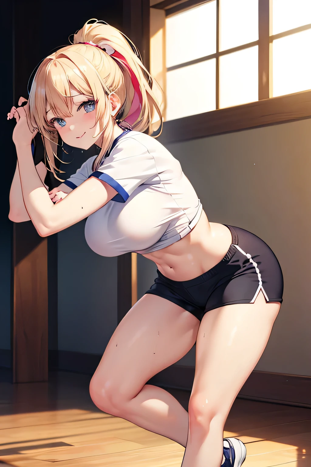 best quality,ultra-detailed,high resolution,extremely detailed CG,perfect anatomy,detailed,cinematic lighting,beautiful detailed eyes,ultra high res,pov,1girl,MILF,milf,gleaming skin,oil skin,large breasts,wide hips,skindantation,sweat,humid,clothed,curvy, (night:1.1),(moody lighting:1.3),(classroom:1.5),blue red pink white,dashed eyes,Pink Leggings,sports bra,(seductive smile:1.8),(sweat:1.2),from back,ass focus,hand on own ass,top-down bottom-up