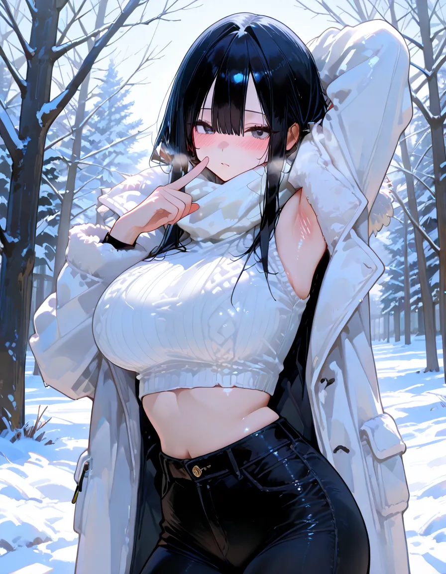 masterpiece, Hinata\(boruto\), 1girl, (solo), (long black hair), white eyes, mature female, outdoors, looking at viewer, cloudy sky, perfect composition, detailed lips, big breast, beautiful face, body propotion, blush, (pink lips), soft gaze, sad smile,  super realistic, detailed, photoshoot, realistic face and body, realistic hair, realistic eyes, realistic nose, realistic lips, tank top, ((black biker shorts)), gloves, armpit, (Nipples), (((Show cameltoe))), (sweaty armpit), (arm behind head:1.5), (((Clothes on))), ((in the forest, very dark forest, horror forest)), ((gloves, knee protectors, arm protectors))), (((snow)))