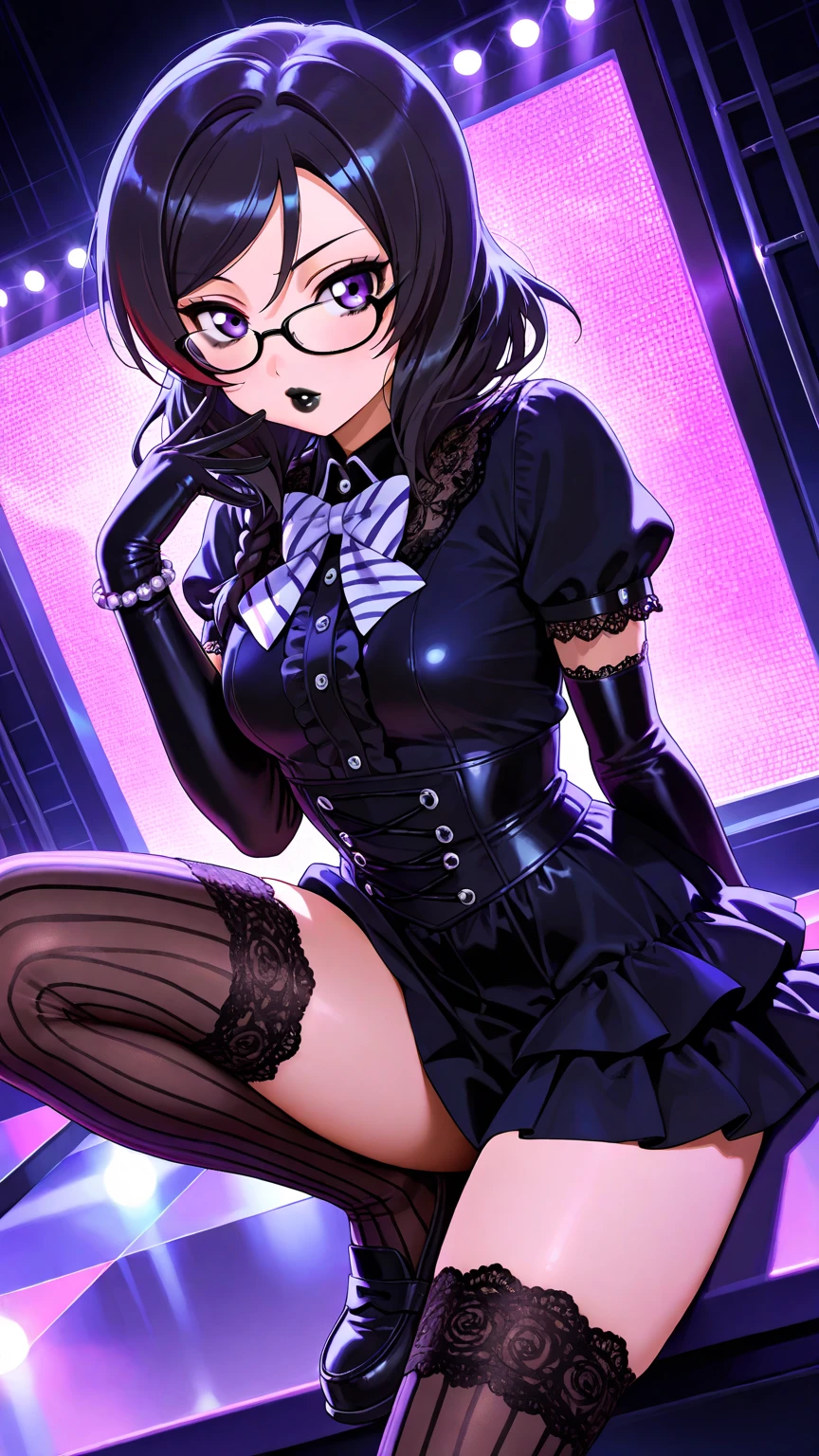 a beautiful woman standing in a room looking sexy in her stockings and heels, 1 lady, solo, pantyhose, high heels, skirt, glasses, brown long hair, pencil skirt,H-cap,