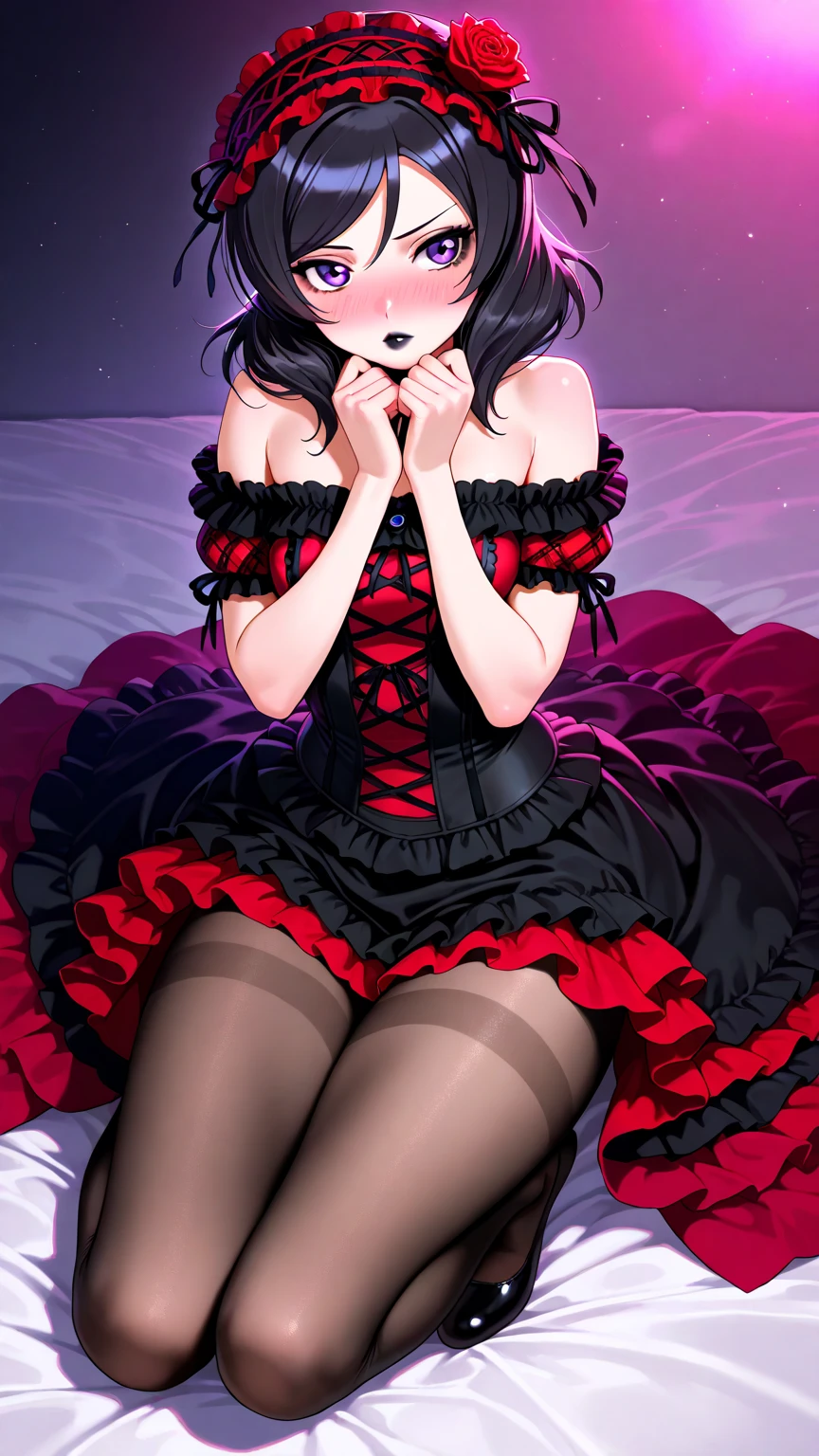tokisaki kurumi,((masterpiece)),(((best quality))),((ultra-detailed)),((illustration)),((disheveled hair)),((frills)),(1 girl),(solo),Red_dress,long_dress,Bare_Feet,Feet,Sitting,Crossed_Legs,Rating:safe, hair over one eye,full body,