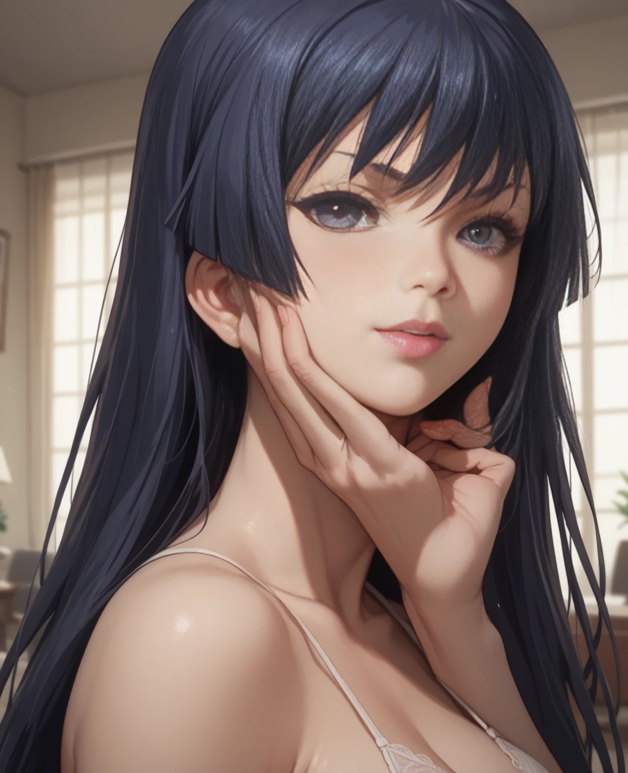((Masterpiece)), ((Best Quality)), (ultra detailed), ((extremely detailed)), 4k, (8k), Best Quality, (beautiful), animated style, look up from below, bar, evening, a pretty girl, 1 girl, Alone, It lasts, beautiful rainbow hair, beautiful blue eyes, ((beautiful eyes)), White skin, earrings, neck, SMILE