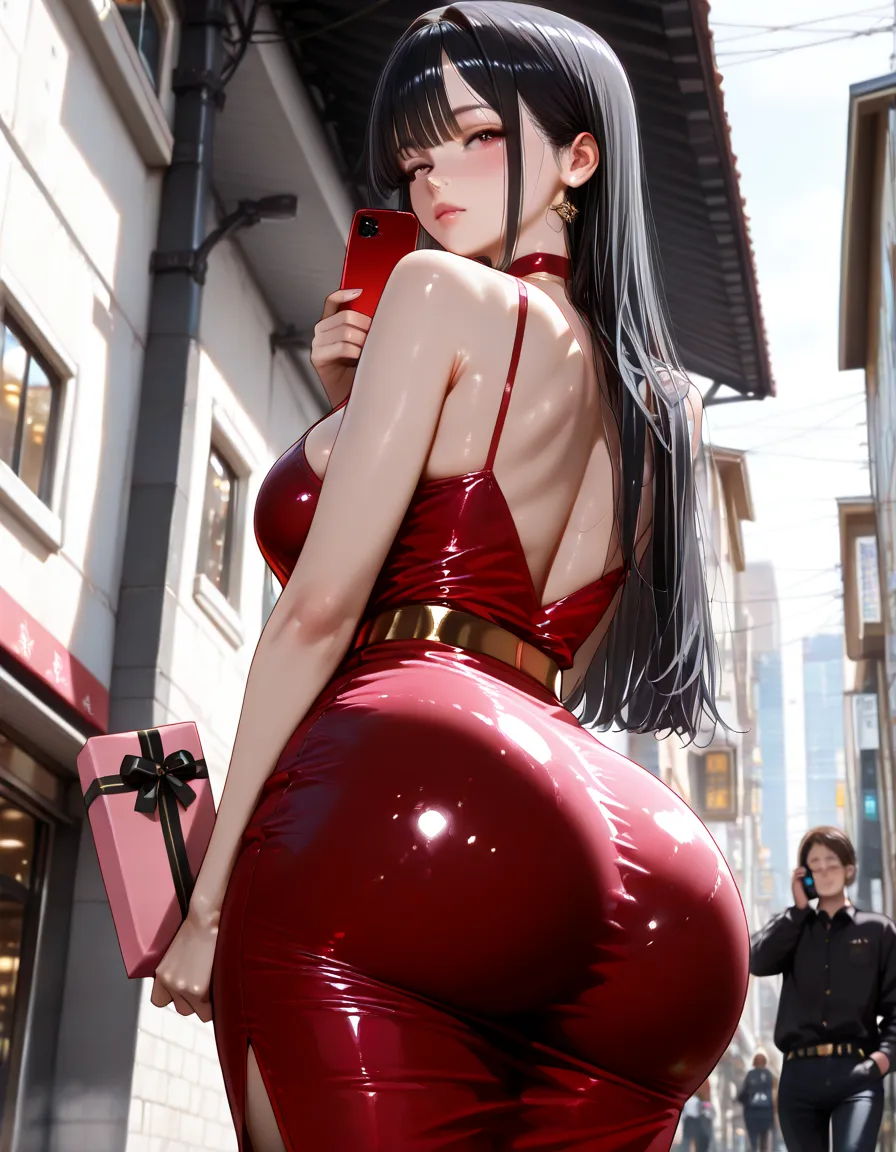 (masterpiece, best quality), intricate details, 8k, artstation, wallpaper, official art, splash art, sharp focus,, 1girl, long hair, twin tails, red eyes, brown hair, ,  spider swimsuit suit, spider web printing, spider web,  , skyscrapers, city, buildings, cars, street, full body, back view