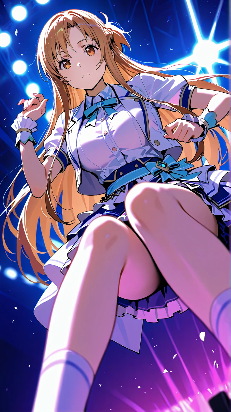 panty shot、rainbow colored leotard、Beautiful Girl Magician、blonde twintails、((whole body))、(((photo taken from below)))、night
