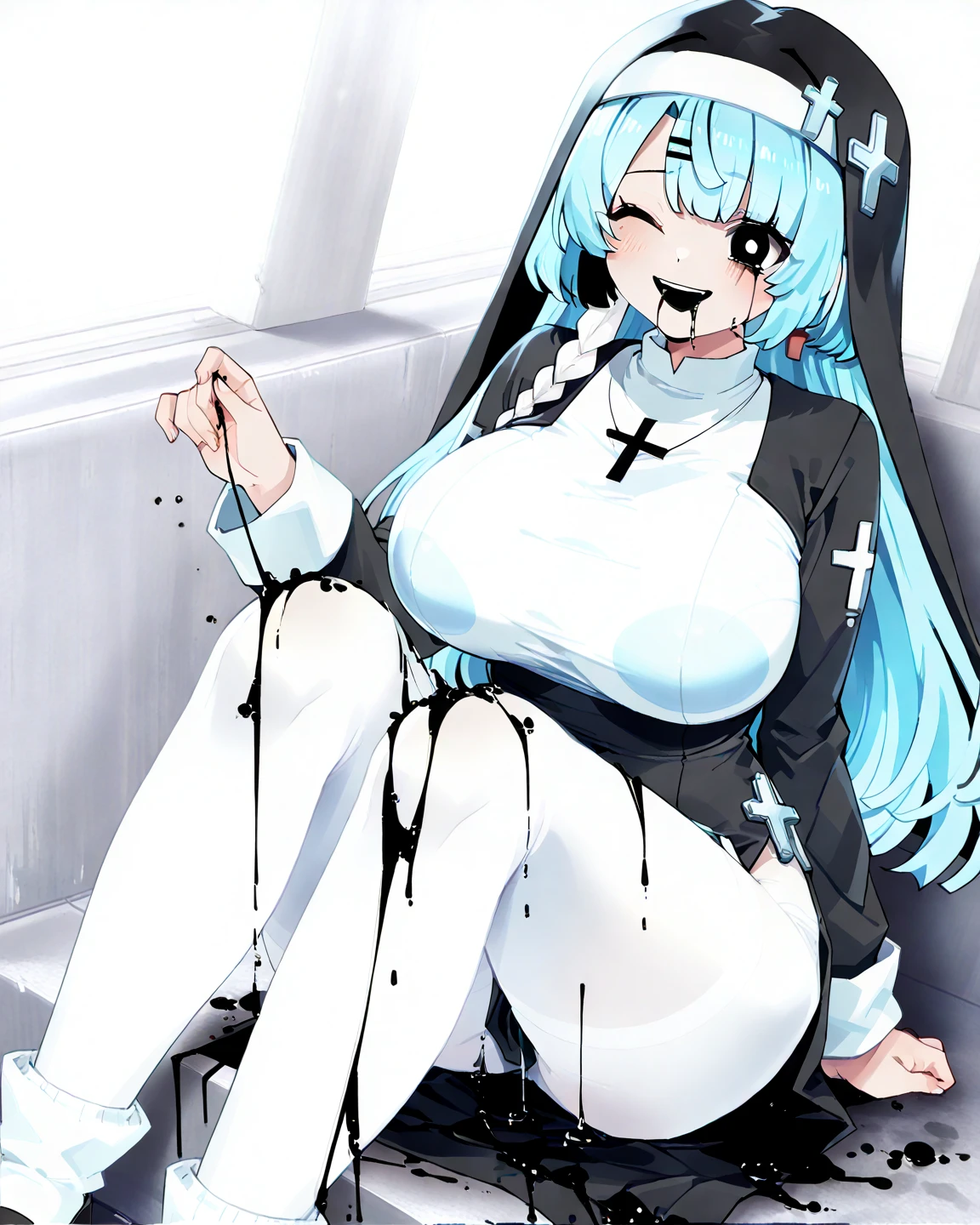 Anime. 1 Girl. Cute girl. Slave. Ssbbw. Clumsy slave. Silver-pink-blue hair. Long hair. Rainbow eyes. Beautiful eyes. Perfect eyes. Expressive eyes. Blind eyes. Blind. Disabled person. Ideal face. Thick body. Thick long legs. Swollen with fat. body. Beautiful nose. 15 years old. Big breasts. Slave collar. Shackles. Chains. Dirty tunic. Torn tunic. Diaper. Dirty diaper. Sitting. Wheelchair. Beautiful character design. Shiny skin. Barefoot. Cold. Runny nose. Nasal mucus. Snot. Wants to sneeze. I have to sneeze. Violent, desperate desire to sneeze. She sneezes. She sneezes, covering her nose with her hands. Legs together and feet apart. Urinary incontinence. Wants to pee. I need to pee. A strong, desperate urge to pee. She peed in her diaper. She peed herself. Pissing in a diaper in the middle of the street. Diarrhea. Wants to poop. I need to poop. A strong, desperate urge to poop. She pooped in her diaper. She shit herself. Pooping in a diaper in the middle of the street. Middle Ages. Fantasy. City. Street. Slave market. Snot flows from the nose. She is sold on the slave market. Full body. NSFW. Scat. Official art. Extremely detailed CG Unity 8k wallpaper. Ideal lighting. Ultra high resolution 4K. Super detailed 8K. A high resolution.