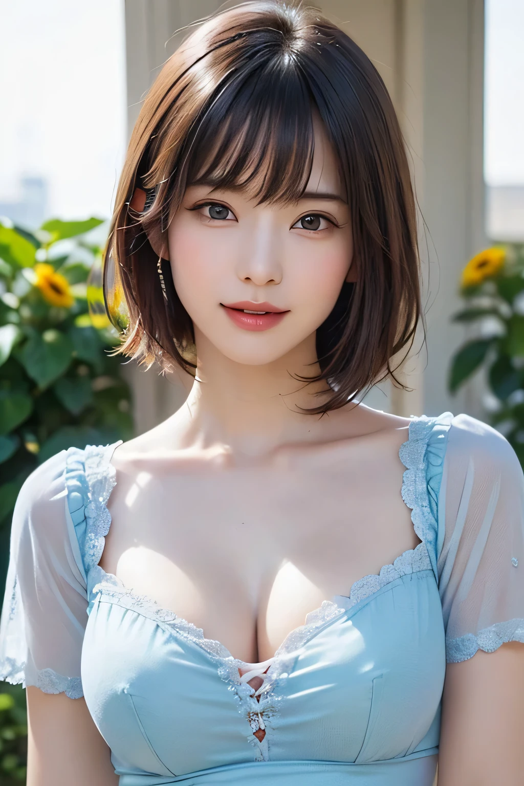 Medium Shot、((Upper Body))、(highest quality:1.5)、(Realistic:1.5)、(1 person:1.5)、(Very detailed)、(High resolution)、8k、((Floral camisole))、Slightly small breasts、Natural color lips、Cute Smile、20-year-old girl、(Beautiful and elaborate face)、(Perfect and beautiful face)、(Big eyes)、(Beautiful and elaborate face)、(Beautiful, balanced eyes)、Perfect and beautiful double eyelids、Perfect and beautiful face、Arched eyebrows、 Thin eyebrows、Feminine poses、Slim face、Slim figure、Beautiful and thin nose、 Beautiful Skin、(Medium Bob Hair)、Natural Bangs、Fair skin、Front lighting、(Lighting the face)、(Beautiful cleavage)、Deep blue eyes、Slim waistline、Sit on a bench in the garden、Garden with blooming roses、