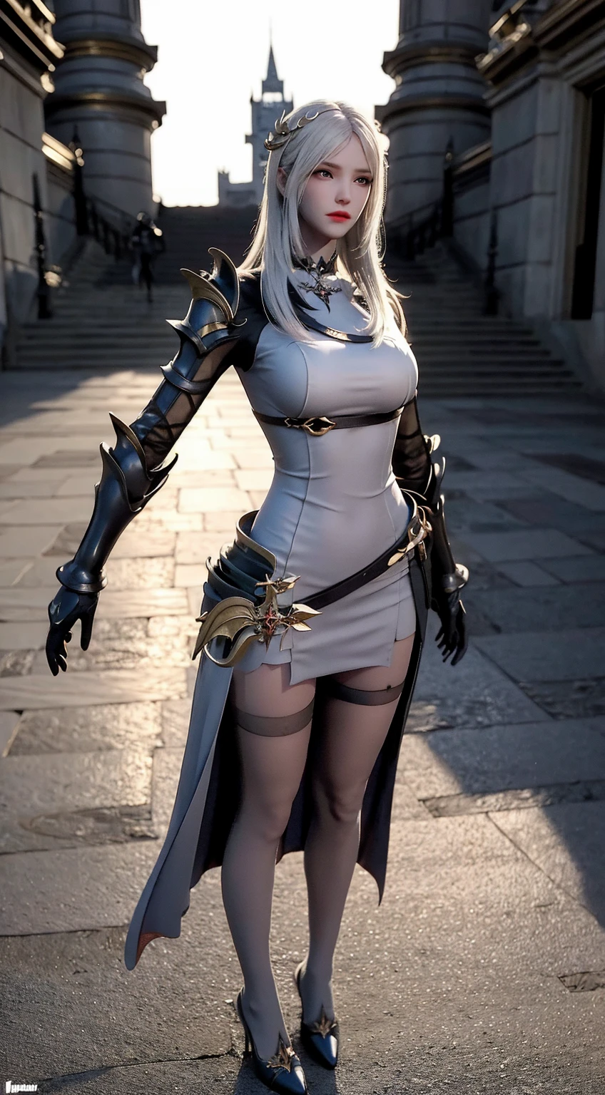 Woman knight、a beauty girl、huge tit、Excellent style、Nice Buddy、glamorous、leotard、s Armor、Shoulder rest armor、Bra chest armor、knee boots、gauntlets、hair adornments、silber hair、Longhaire、Ahoge、is standing、full body seen 、Medieval city、Walking、slightly open mouth、a smile、