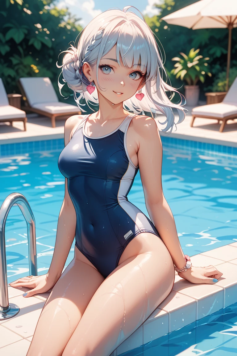 very cute and beautiful girl, (highly detailed beautiful face), (blue school swimsuit), sweat, wet, waterdrop, sitting, arms behind back, (pool side), summer, school swimming pool, (smile), happy, looking at viewer, platinum silver hair, bobcut, glossy silver eyes, cowboy shot, (best quality, masterpiece), absurdres, highres, ultra-detailed, extremely detailed, 32k, cinematic scene, detailed background, solo, dynamic angle, hair fluttering in the wind, beautiful detailed sky,