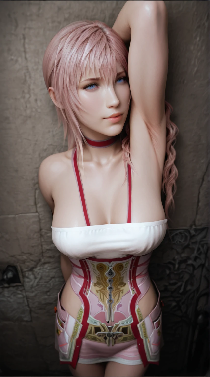 The best piece,Artistically beautiful,lightning,Final Fantasy 13,FF1 pink blonde,Beautiful pink hair,medium hair, curly hair on one side, Letting down your bangs,beautiful blue eyes,laid on the bed,Photorealsitic,An ultra-high picture quality,hightquality,​masterpiece,Digital SLR,Detailed details,Intricate details,Based on anatomical grounds,Depicted in detail,Detailed face,realistic skin textures,Vivid details,perfect anatomia,perfect anatomia,Anatomically correct hand,Anatomically correct fingers,Super Detail,Complex 3D Rendering,Colossal , Lying in a bed, make love, woman on top, lie face down on a man, fellatio, Bedroom, Wet, Completely naked, full body, embarrassed, Make eye contact with the camera, nipple see through bra,Blue Nails,Bedroom,Pink lip, beautiful big butt,