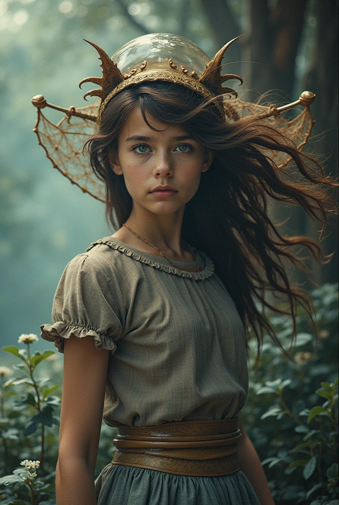 A portrait of a girl in a wet white dress, Shiny brown hair, Chamomile wreath on head, cloesup shot, Mystical forest in the background, HDR, tint, Cinematic, F/2.8, Lens Flare, Sunlight, Cinematic Lighting, ultra detailed