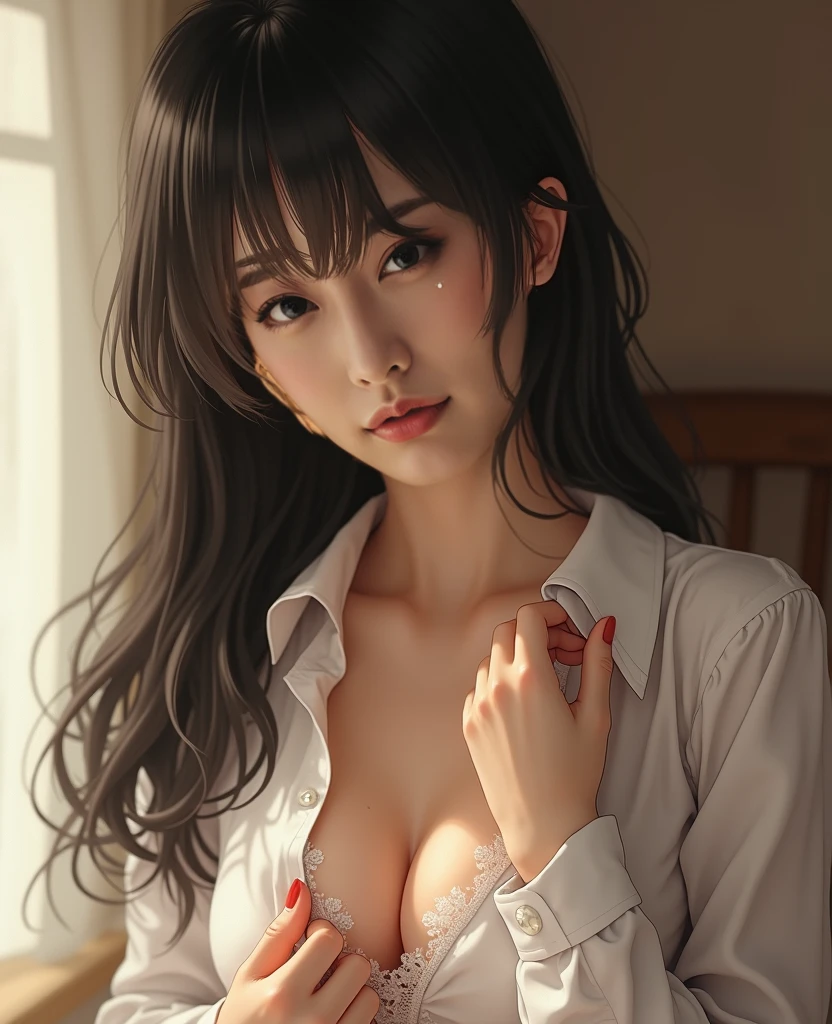 highest quality、4K quality、Woman in an open-shoulder dress lying on a sofa、man in suit、Man hugs woman's breasts、slender、Small face、16 years old、A man puts his hand on a woman's crotch、nude crotch