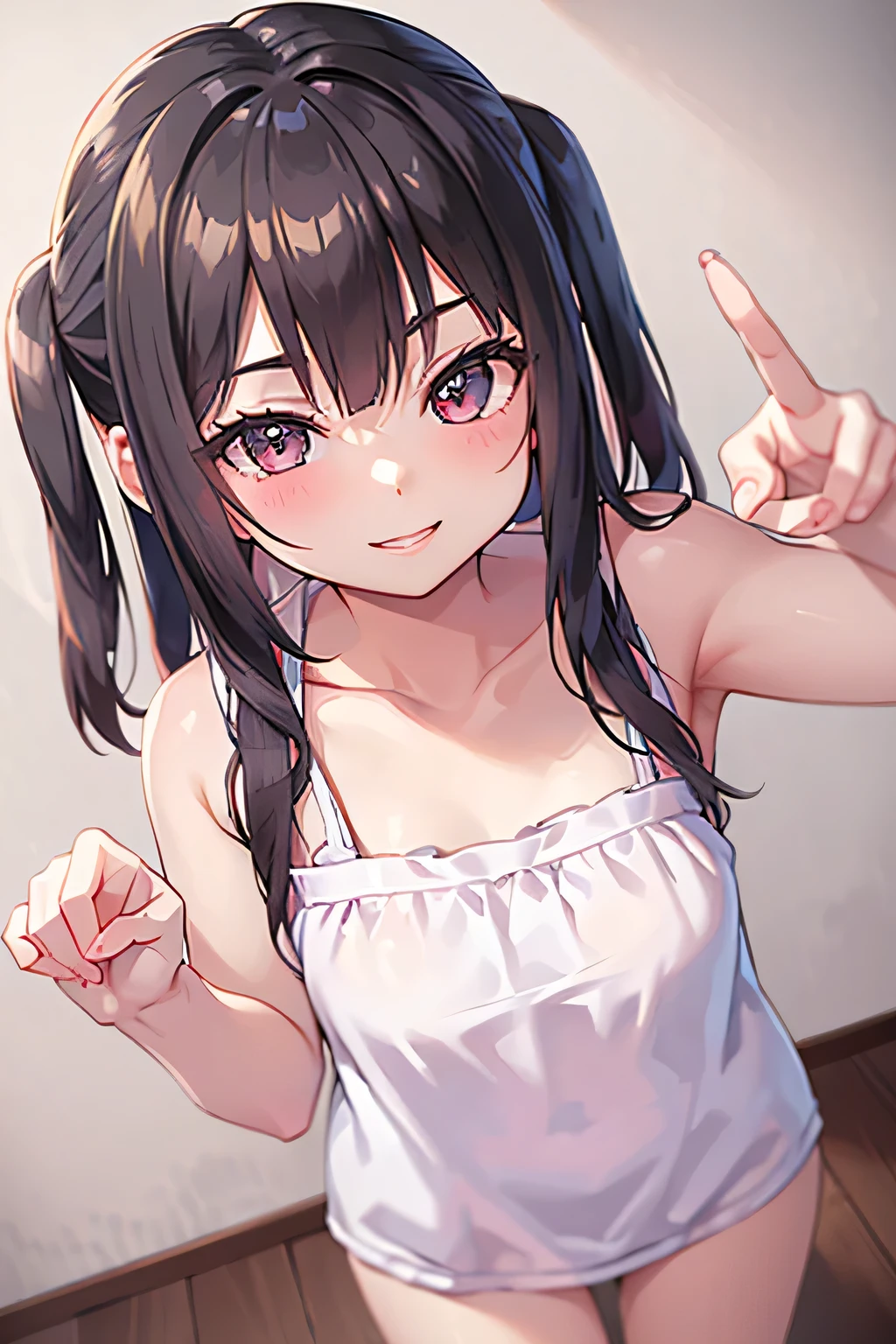 ((masterpiece, best quality)), high resolution,ultra detailed,8k,16k,detailed background, perfect lighting,detailed beautiful eyes, 1girl,solo,embarrassed,blush,show off nipple,steam,sweat,wet,in heat,(evil smile:1.2),look at viewer,face focus,(from above:1.2), (selfie:1.4),(front view:1.2),upper body,provocative eyes,fisheye lens,be breathless,show armpits,matoba_risa,black_hair,twintail,yellow_eyes,(flat_chest,slender,fair skin,short body,short statur,dwarf),t-shirt,small office