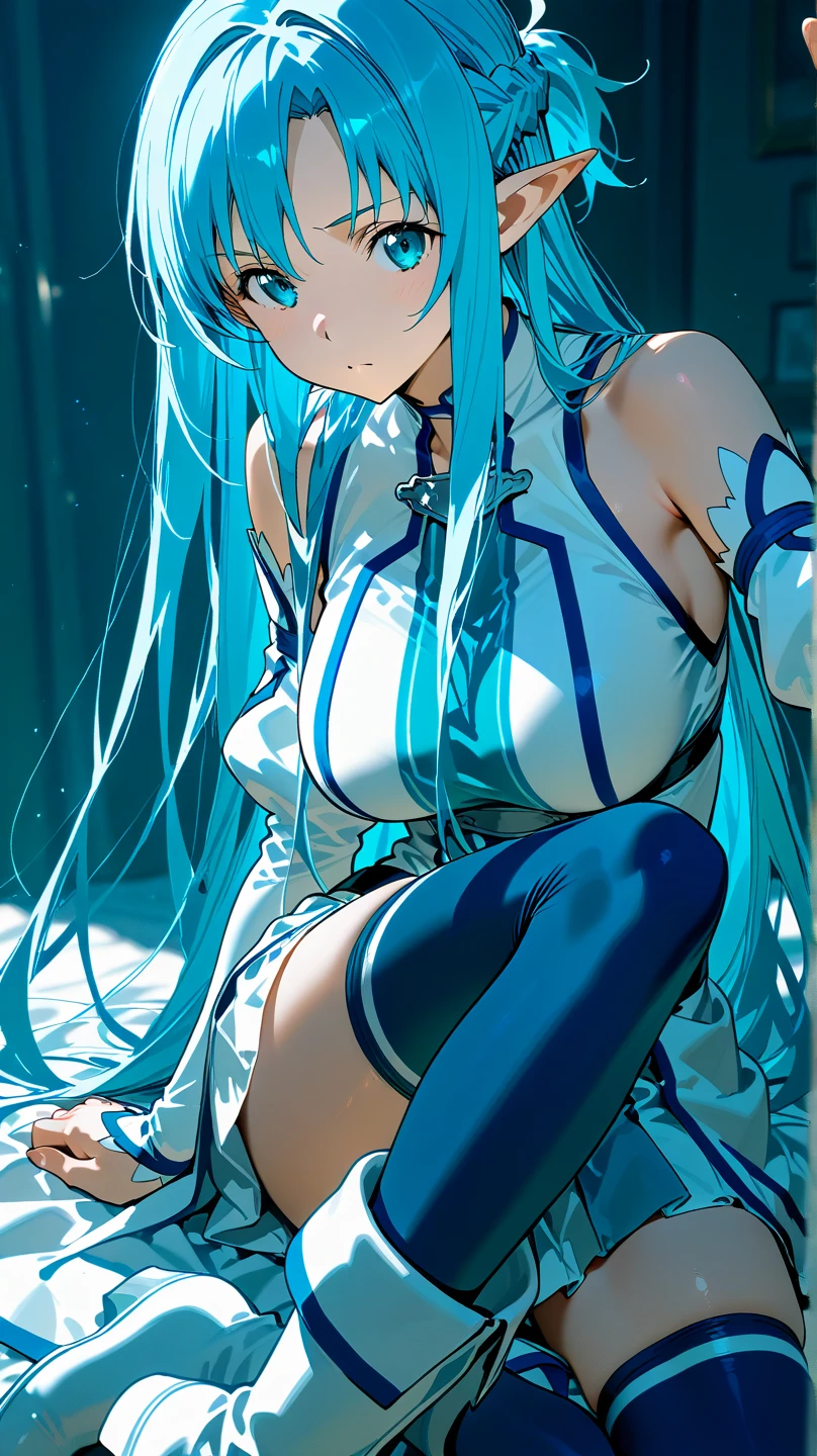 (masterpiece, best quality), 1girl, metatronx, twintails, white crop top, white miniskirt, white arm warmers, nurse cap, panties, underboob, smirk, closed mouth, blush, crazy eyes, (dark), backlighting, glowing eyes, hospital, holding syringe <lora:MetatronXV2:0.9>