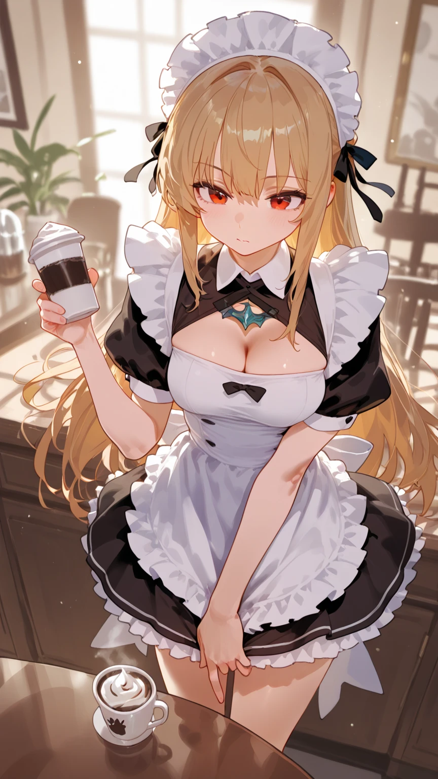 Masterpiece ,best quality , high resolution , (1 girl solo:1.38) , (mavis, long hair, blonde hair, (green eyes:1.5), ahoge, wavy hair) , (cleavage:1.2) , (medium breast:1.28) , (wearmaid miniskirt , maid head band , sleeves , stockings ) , (cleavage:1.15) , (big breast:1.1) , (face view , look at view) , (indoor, in kitchen , night , moonlight , windows , candel , coffee on table ) , (standing , thighs ) , (cowboy_shot) , ( smile , open mouth , full face blush , shy )