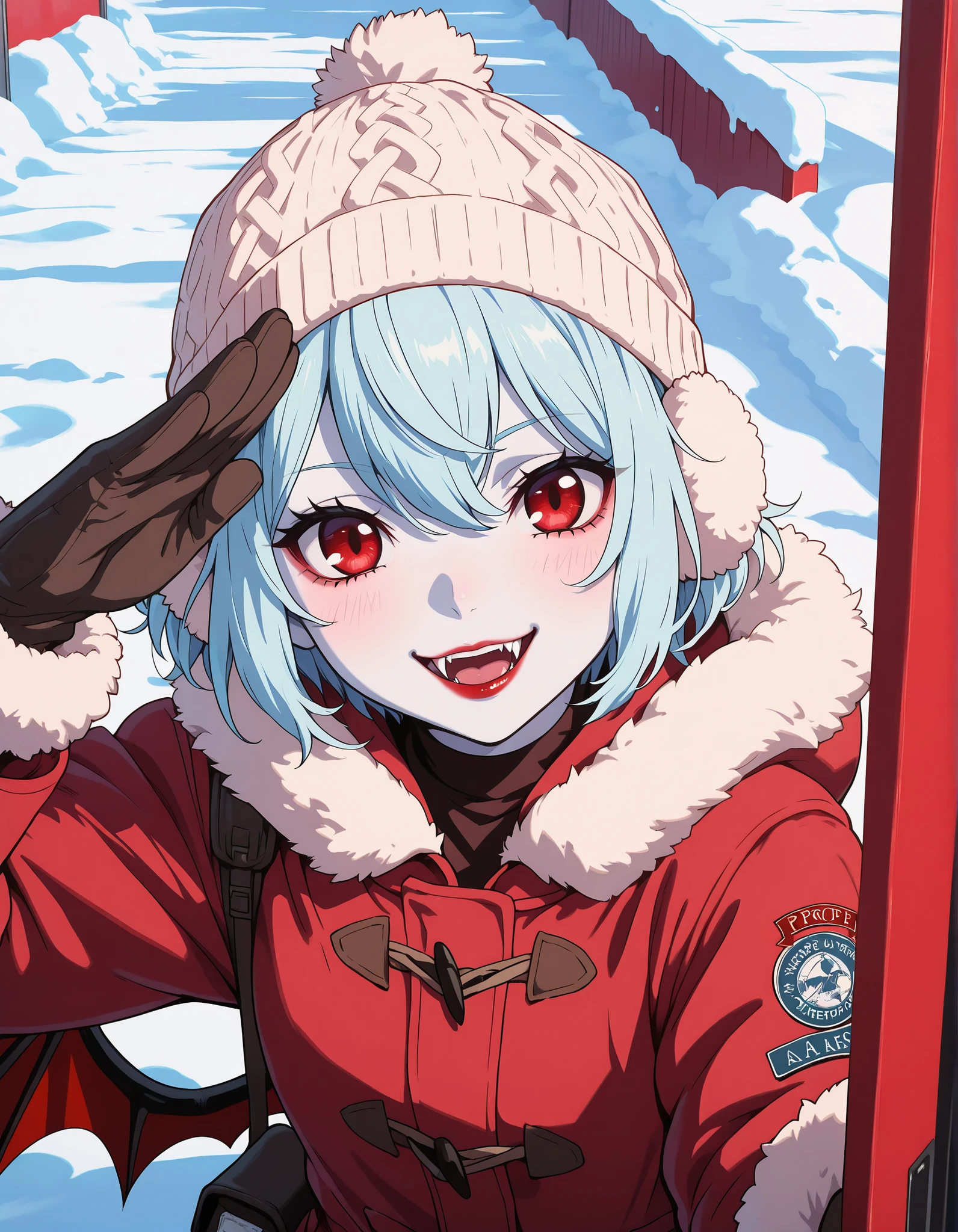 Very High resolution,cute anime-style,masterpiece,best quality,amazing quality,hyper-detailed,very aesthetic,closeup shot,Arctic research base,A field of ice as far as the eye can see,A blizzard,A composition looking outside from the entrance,A female vampire standing outside,white skin,Light blue hair,Short hair,Knit cap,Fur earmuffs,Red eyes,(Vampire fangs protruding from between her lips:1.3),Dark red lipstick,A smile,White breath,Warm clothing,Duffle coat,Layered clothing,Fluffy gloves,A pouch with a postal mark,Vampire wings,Coated in snow,Delivery person's nameplate,Delivery person's mark,Salute