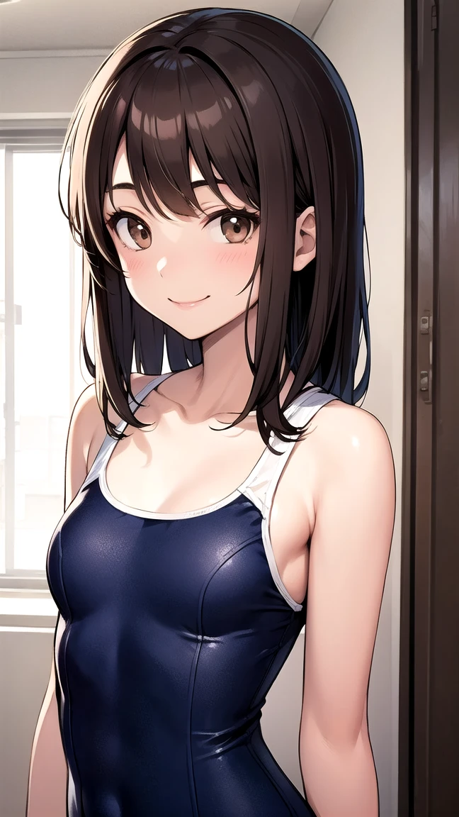 (highest quality), (masterpiece), 1 girls, strap slip, show off nipple, bustes press, Small breasts, Nipple exposure, ((school swimsuit )), embarrassed, ((Sweat)), bedroom, Shoulder Bare, ((cleavage)), smile, exposing nipples, Low angle, black hair, Pigtails, blunt bangs, 18-year-old, spread regs,