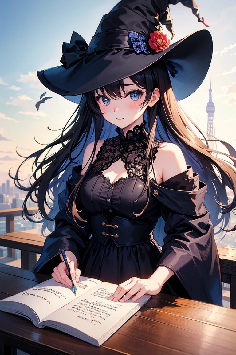 (((Masterpiece, High Quality, Best Quality, High Resolution, Center of Close-up Shot, Realistic, Siesta, One Girl, A 20-year-old young british woman, detective, wearing a fedora hat, 171 cm tall, short length black hair, beautiful blue eyes, Stacked Books, chair))),Impermanence,Hermann Hesse,No People in Frame,Eaves,First-Person View,Evening,Low Clouds,Thin Clouds,Sun Setting,Silence,Serenity,Accumulated capital,Wall Clock,Steampunk,Ephemeral,Illusion,Hope for Tomorrow,Better clothing,detailed clothing,perfect clothes