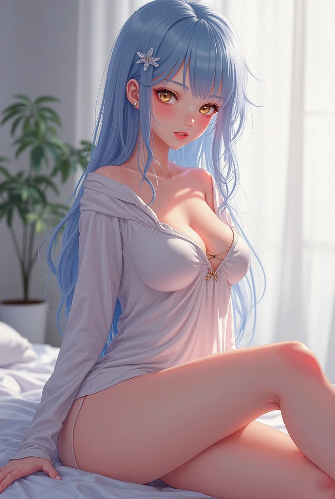 Character Details:, - Gender: 1 Girl.
- Style: Anime, - Body Type: Attractive body, slim body, nice legs, slim tights, nice arms, nice shoulders. - Breast: (Small Breast:1.1), (Cleavage), (Nipple).
- Facial Feature: Beautiful, Gorgeous, Teenager, Fresh, Young.
- Expression: Shy, Smile, Horny, Pink Blush on Face, Sexy Eyes, Sexy Look, (Sweating:1.4), Innocent Look, Tipsy. - Hairstyle: Blunt Bangs, Long Hair. - Hair Color: (Light Blue Hair:1.5).
- Clothing: (Sweater:1.6). - Body Pose: (Seiza Pose:1.3). - Behaviour: Waiting, Want Something, Secretly.
- Accessories: Earrings., Environmental Details:, - Setting: Bed Room., - Lighting: Natural Light., - Decoration: Modern Bed, Chair, Window, White Curtain, City View. Top view. pov, anime style, UHD, retina, masterpiece, accurate, anatomically correct, texture