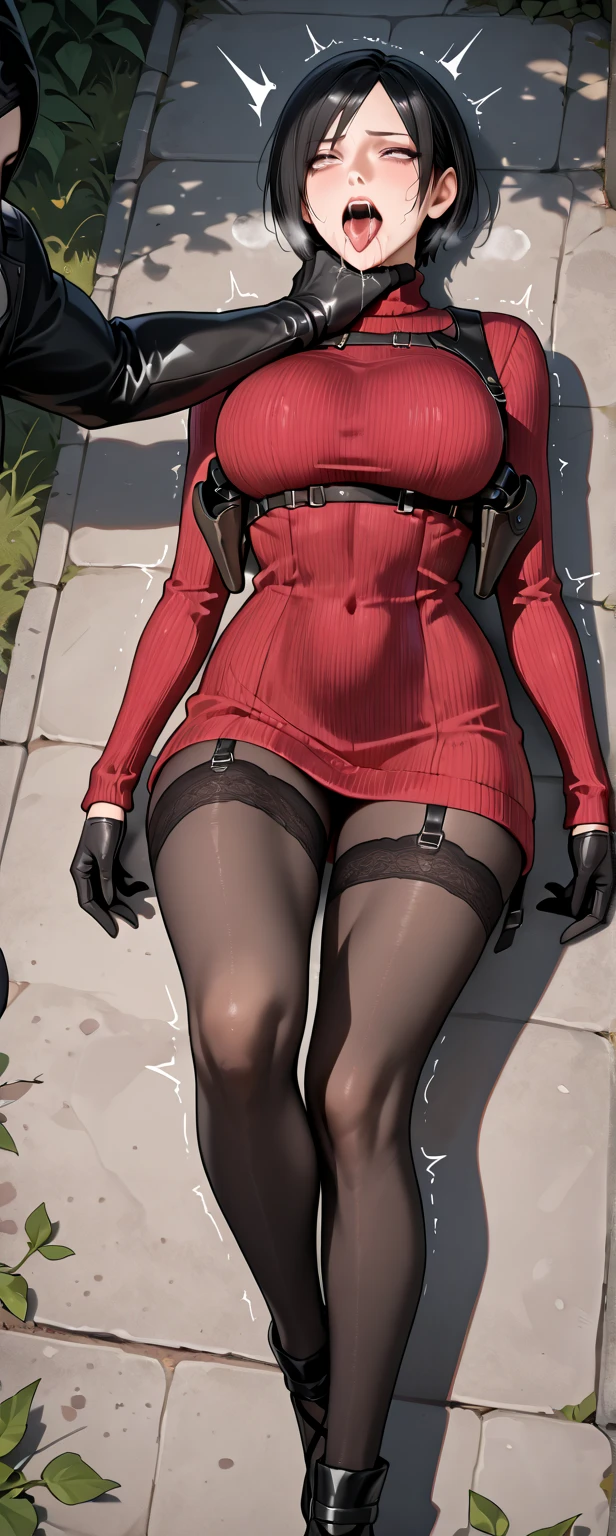 Last girl standing in end of the world, vampire Apocalypse, ((black hair, red highlights)), glowing blue eyes, huge perfect breast, high heels boots, blood splatter, model pose, red black outfit, stocking, tight fix, nore blood, hit legs, boobies on focus, sitting, crossed legs, dark horror background, hot boobies, ((garter belts)), tight fix, lacy chlotes