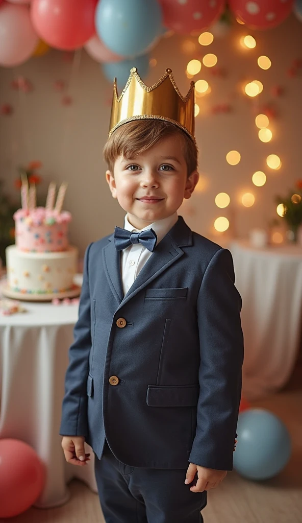 A child wearing a blue prince outfit for his birthday in a humble house with decorations 