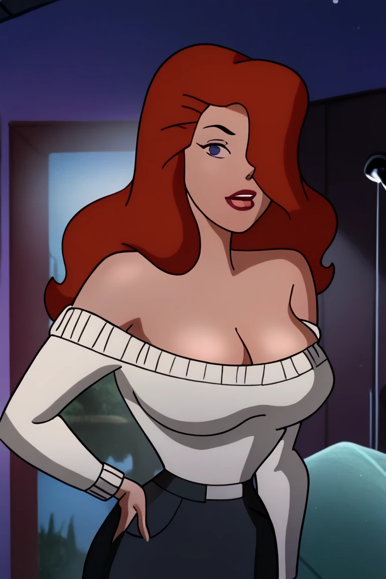Red haired Latina, in white camisole, and big white cotton panties, big butt, back shot, wearing lipstick, smirking, comic book art style, intricate details