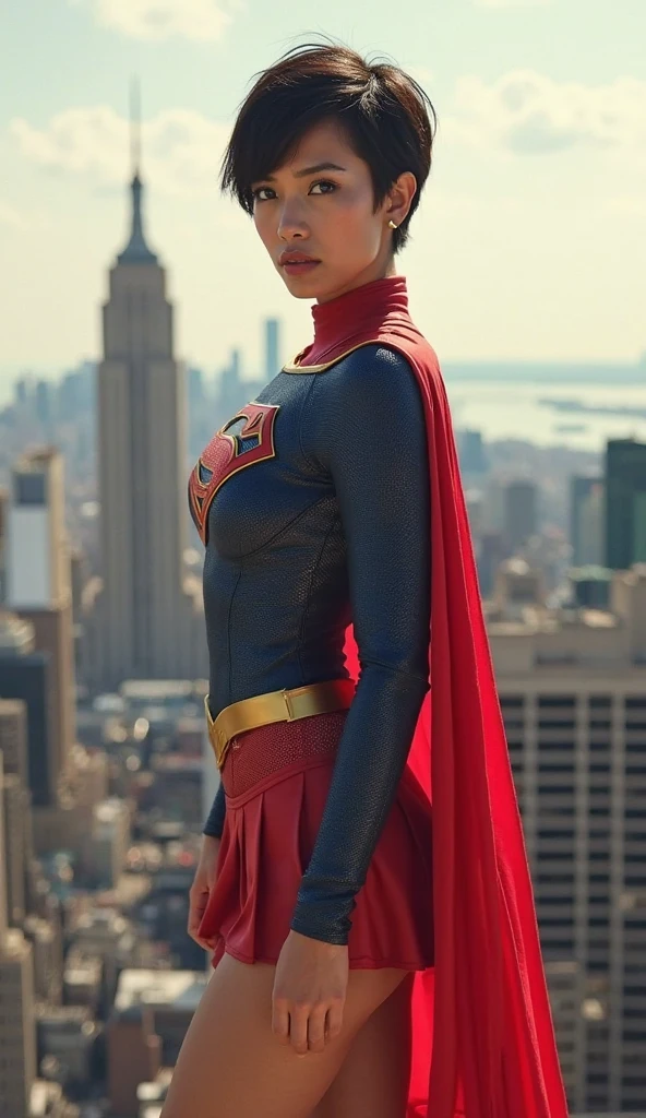 colombian girl, dark hair, short hair, dark brown eyes, actress sasha calle as supergirl, supergirl costume, tight suit, ultra realistic professional photo, standing on the roof of building