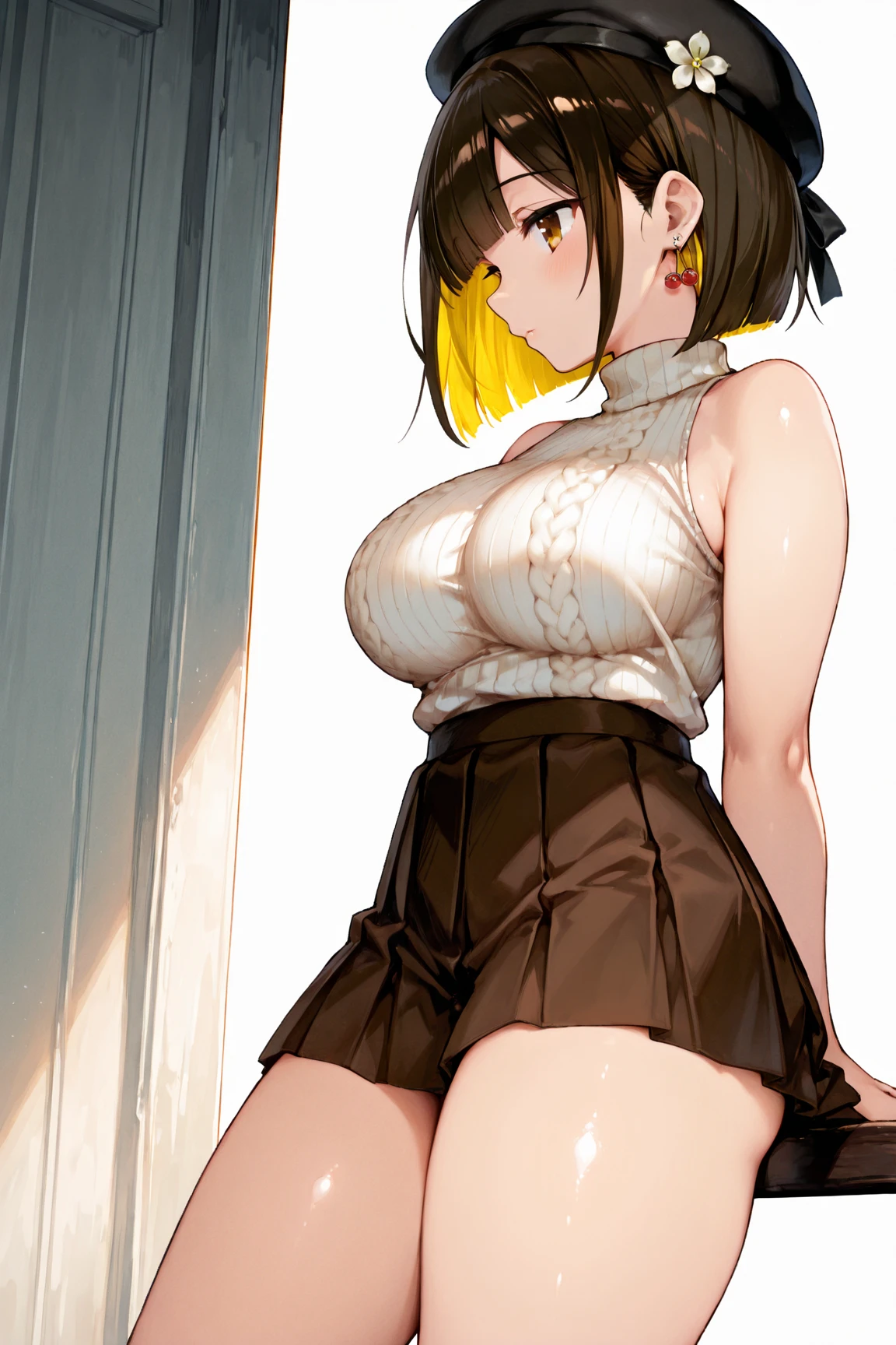 (girl1),(pretty),(Staring and with the body to the fourth wall :1.5) (himiko toga),(Character in the series boku no hero academia),(Short blond hair with two pulps and yellow eyes with pupils of Short blonde hair with two pulps and yellow eyes with cat pupils),(wearing) , +,(\dressed as a maid, and maid's outfit and super revealing on the back, I lowered the short skirt a lot, showing her legs, and a little of her panties, and the part of the apron at the back of the skirt is very low, showing her delicious buttocks, and over the maid uniform it looks like a very short and sexual bra, and she has an ass big and super big breasts, she is super busty and has very big buttocks)/