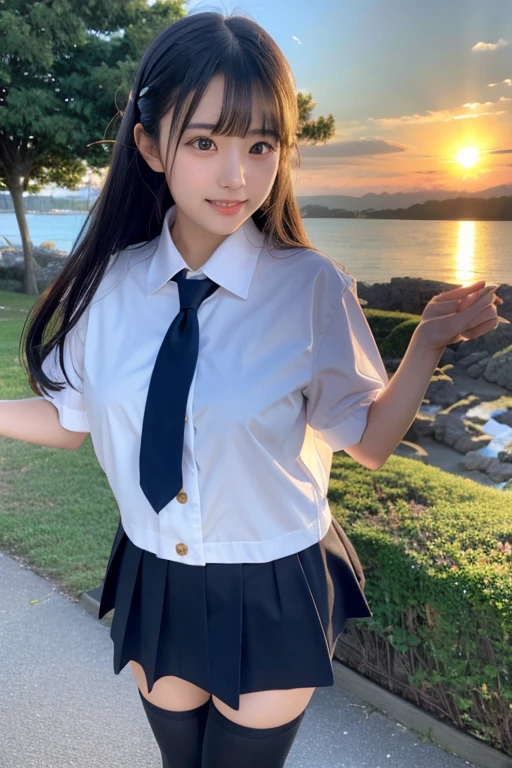 (8k、Professional、highest quality、masterpiece:1.2)、(Genuine、Realistic:1.37)、Super detailed、(16-year-old girl's portrait)、(expensiveest Detail Skin:1.2)、(expensiveest detail face:1.2)、1 Female、Black Hair、Long Hair、Japanese highschool student、Sailor suit、I lifted up her pleated mini skirt, (Exposing female genitalia.)、(Lower body naked)、Sunset sky、The cityscape at dusk can be seen in the distance、(Feel free to grab the skirt）、（Definitely grab the skirt）、Perfect fingers、perfect genitalia, ((Shaved:1.0)),The female genitalia are closed,The female genetalia is slit only,