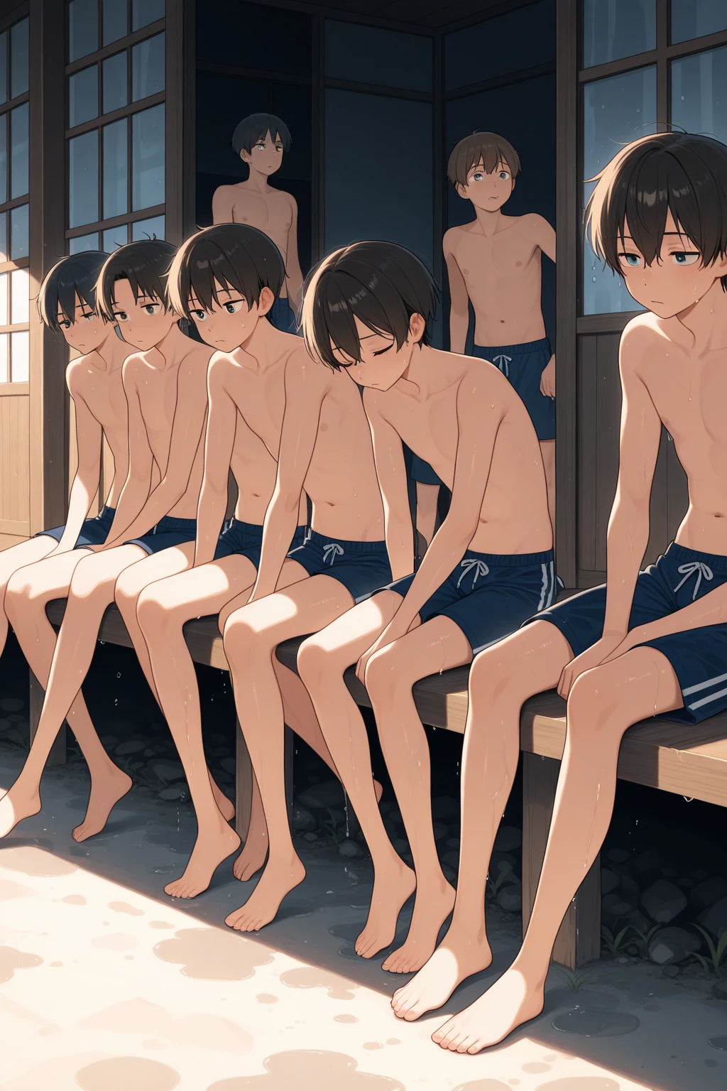 Crouching nudist smartphone photographer、A lot of close elementary school boys hugging each other、A little red、surround each other&#39;neck of、Laughter and joy、in group photograph、In the unit bath、Intense curiosity and shame、Leaning forward