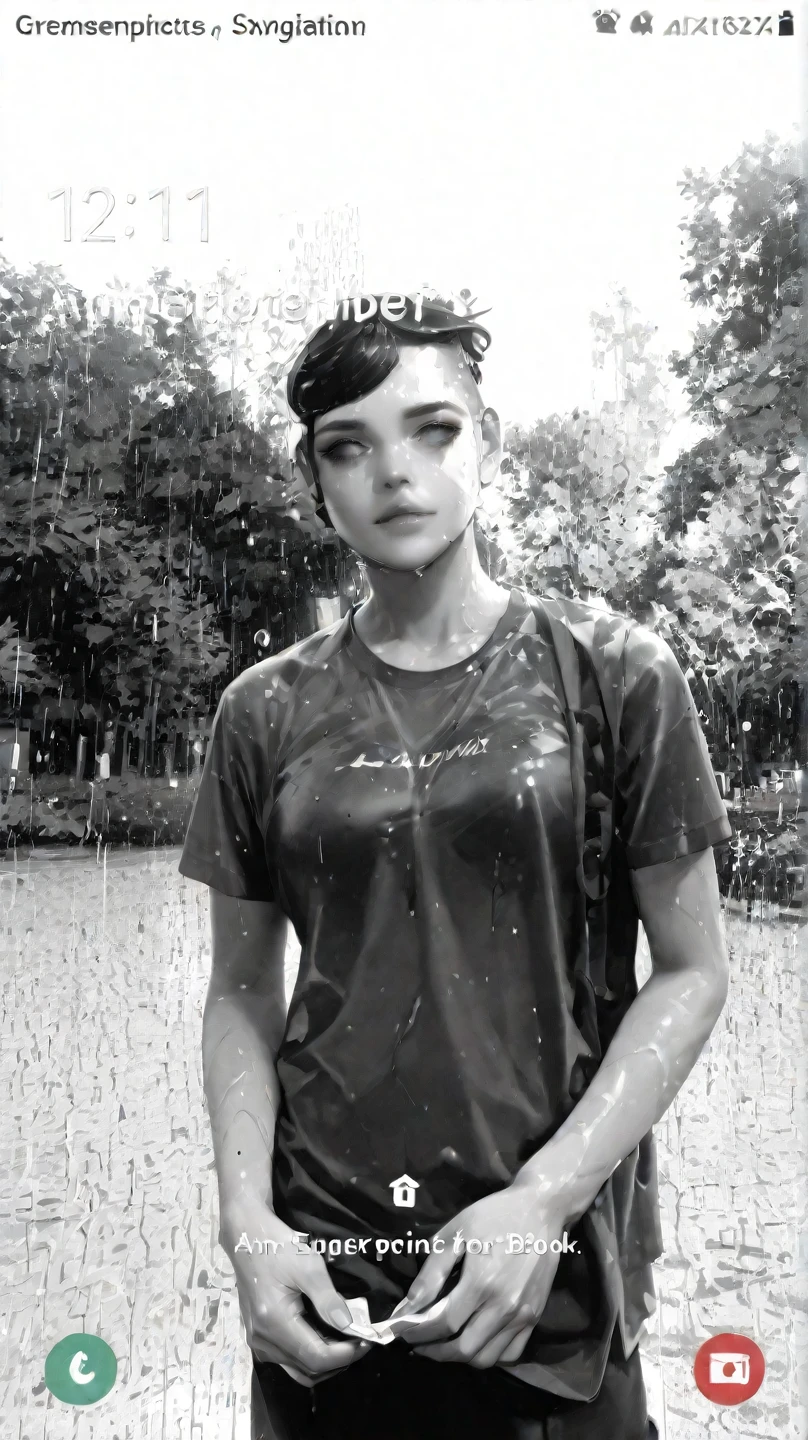14 year old girl with short black hair and white skin wearing a wet t-shirt and pants