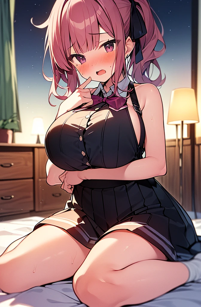 Masterpiece, best quality, 1girl, (huge breasts), bare shoulders, red hair, yellow eyes, nude, bed, sitting, close up, nipple, face, grin, sweating, blush, twintails, seductive