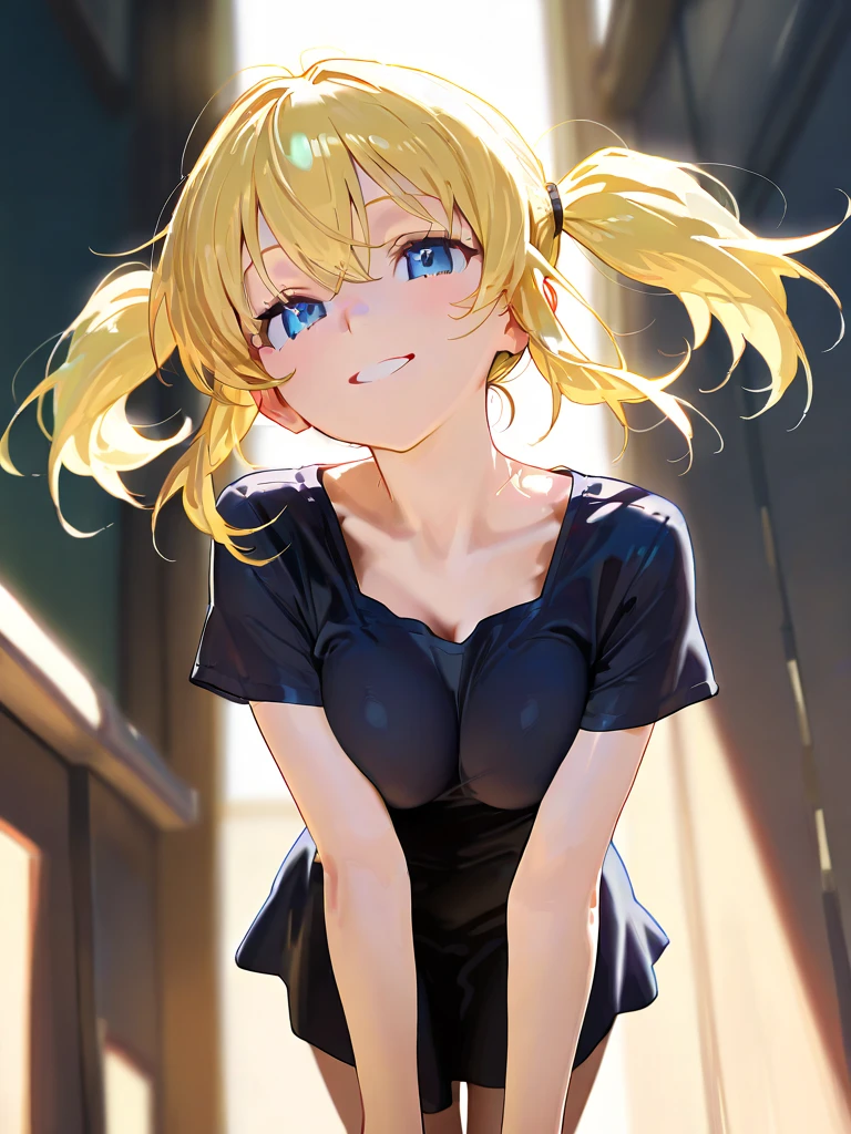 top-quality、supreme1People Girls,hightquality,A detailed face、A detailed eye、Detailed nose、Detailed mouth、 Beautiful expression, ((masuter piece)), ((High resolution)), ((Best Quality)), detail, (NSFW:1.4 ,cum faced、Excited face.Very happy,), ((Skin shiny with sweat)), (Tank Tops、hotpants)、 girl with, a blond, (Half Twin Tail)、Standing figure、fair white skin:1.3、、Smaller chest, cinmatic lighting, perfectly shaded,(((Entrance to the house))), Realistic lighting with shades,Reflecting the whole body