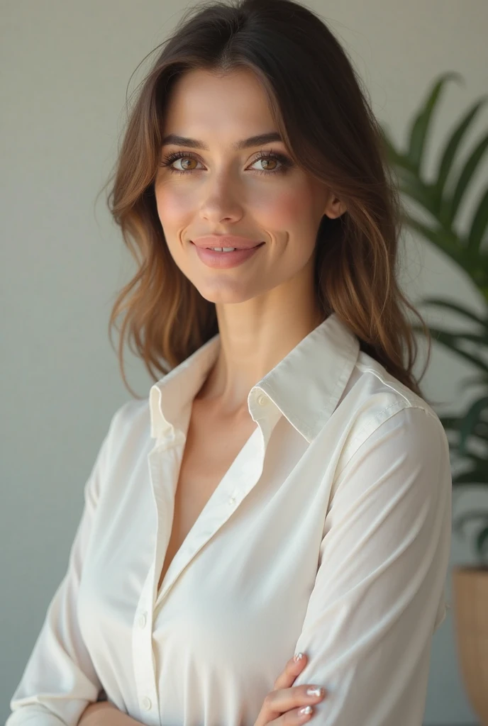 Beautiful brunette woman of 40 years, with white shirt inside a room, Vista lejana, camiseta blanca, Vista lejana, streetwear casual, manga corta, mirando directamente a la foto