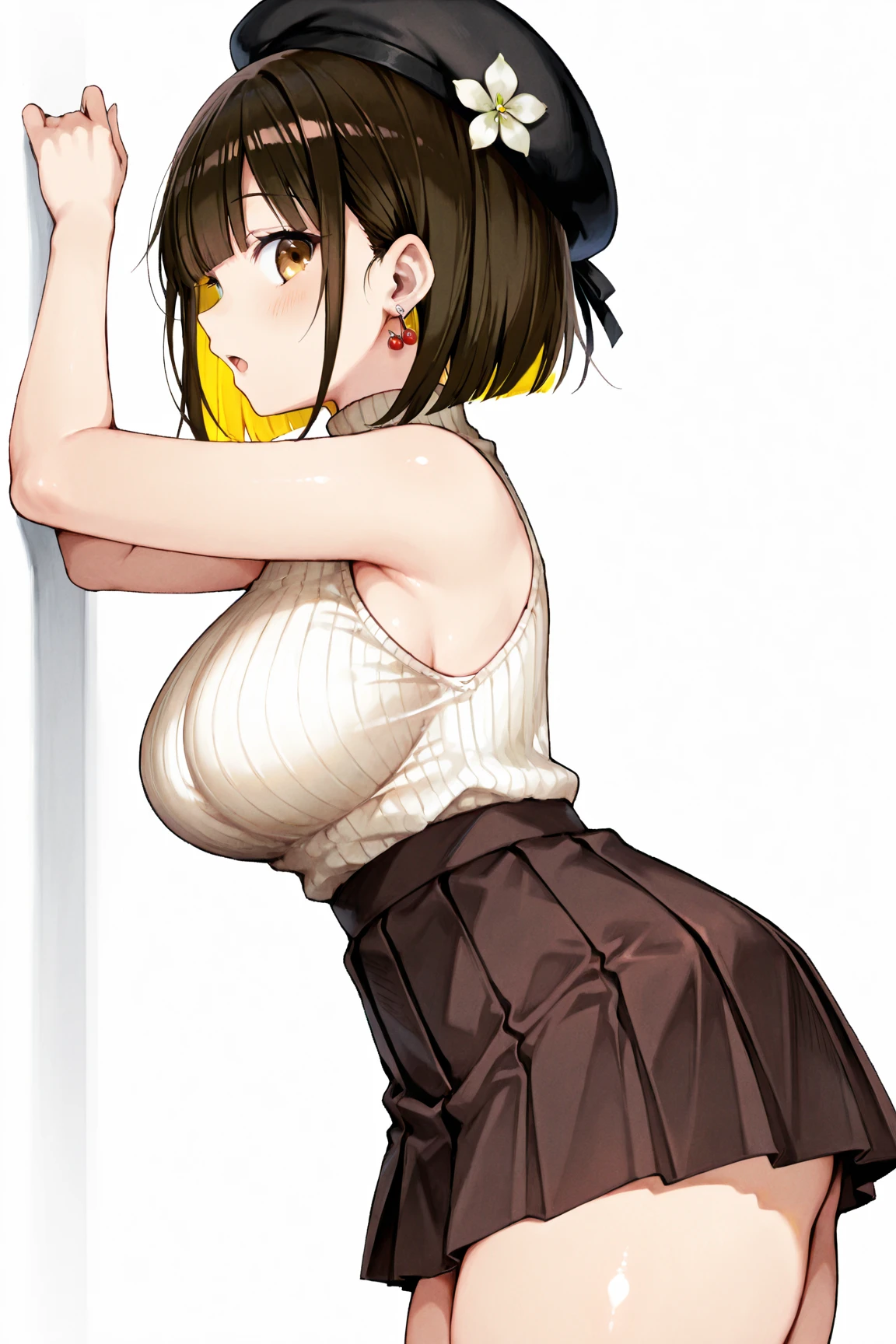 Highest quality, simple white background, Solo Mature, Huge breasts, Huge Ass, Very curvaceous, brown Short hair, walnut color eyes, Fuller lips, Fascinating, smile, yellow dress, white waist apron, Thick thighs, Curvaceous physique, bare legs, front view,