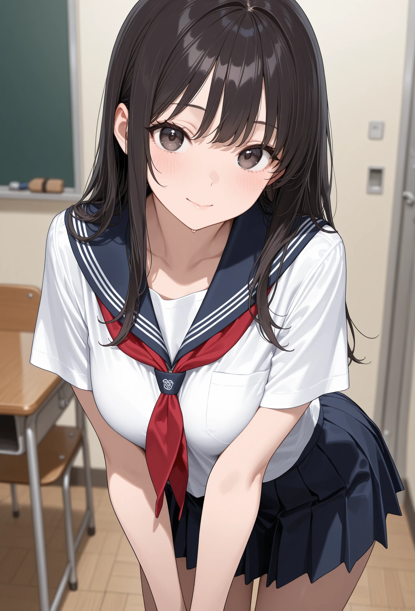 1 girl, single, alone, Beautiful woman、I could see the whole body, ((Brown eyes, Beautiful eyelashes, Realistic eyes)), ((Detailed face, blush:1.2)), ((Smooth texture:0.75, Realistic texture:0.65, Realistic:1.1, Anime CG Style)),,Dynamic Angle, Perfect body,Leaning forward significantly、A dimly lit love hotel、Sailor suit、mini skirt、White high knee socks、smile、Cleavage