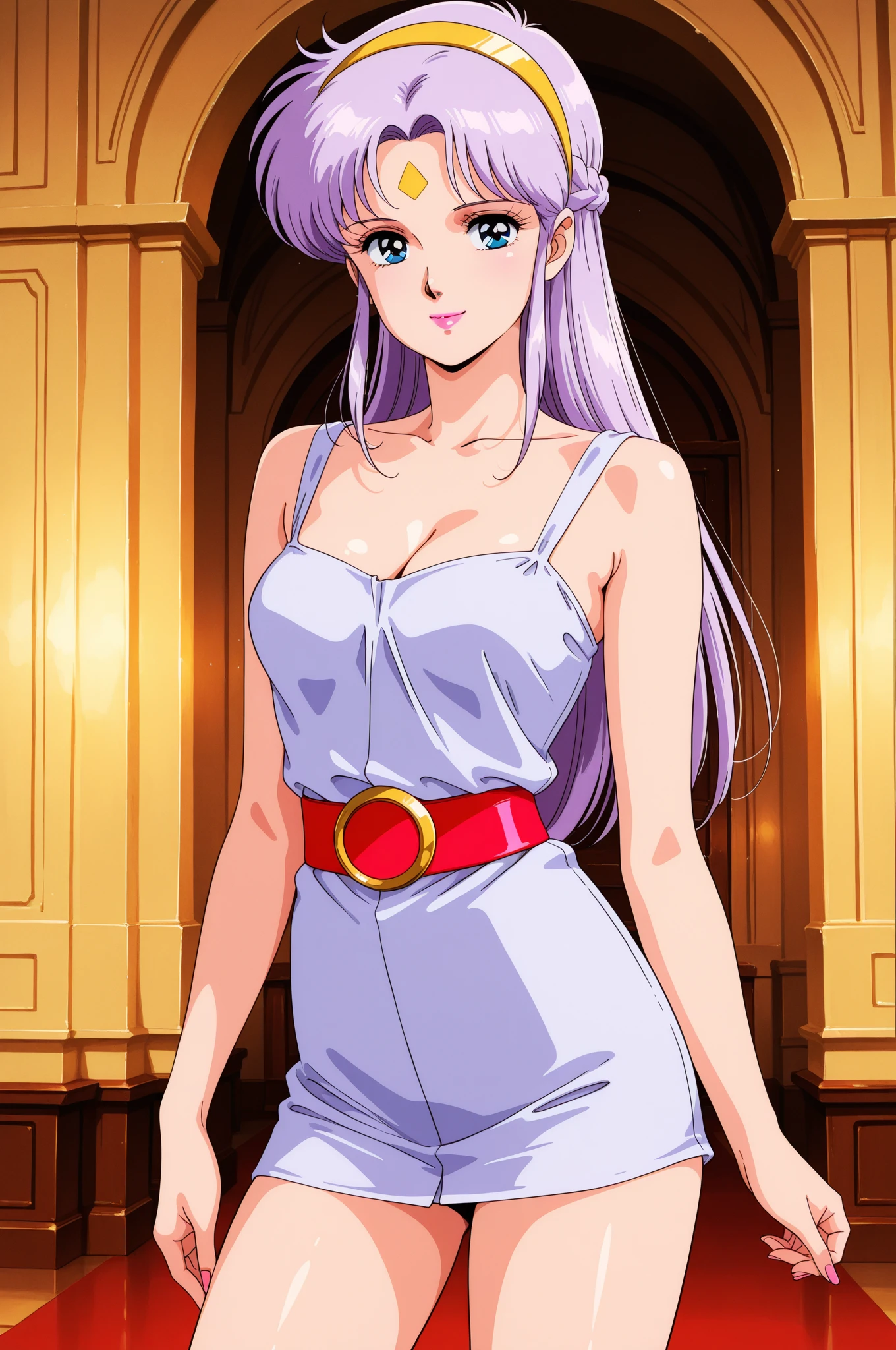 (best quality,4k,8k,highres,masterpiece:1.2),ultra-detailed,(realistic,photorealistic,photo-realistic:1.37),vibrant colors,studio lighting,long purple hair flowing down her back,detailed hazel eyes,modern outfit,white low-cut blouse,black pants,sophisticated expression,fashionable,confident pose,focused gaze,vivid purple hair,stylish appearance,trendy look. Busty
