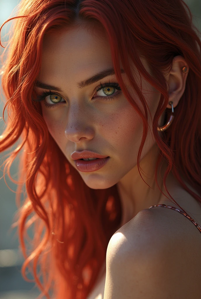 (photorealism:1.2), beautiful woman, long wavy red hair, tanned skin, completely emerald eyes, model body, x-men raid,