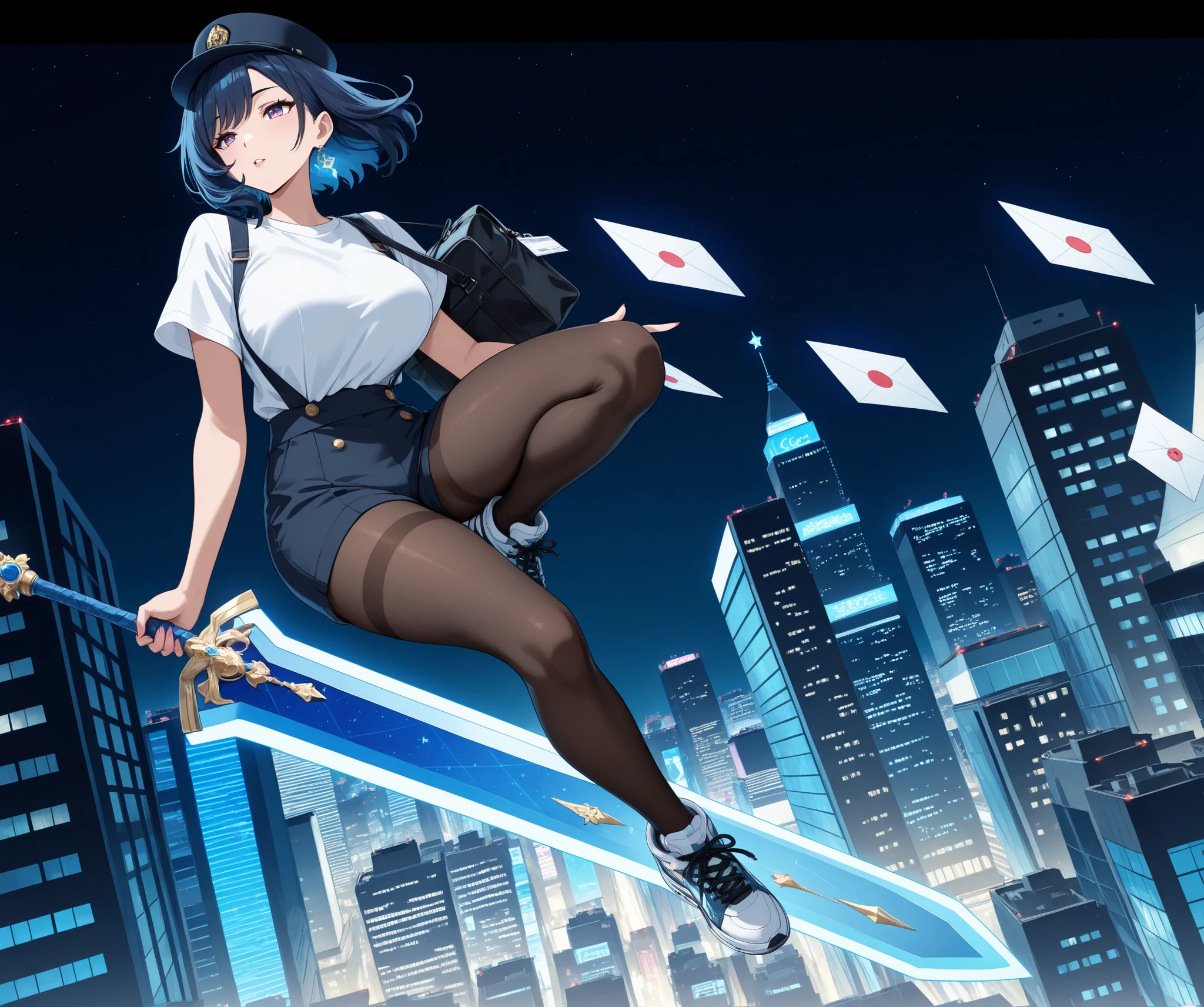masterpiece, best quality, ultra detailed, anime style, adult large-breasted woman, sfw, post office hat, white short-sleeve t-shirt, suspender shorts, black stockings, sneakers, post office bag, clearly floating high in air, dynamic crouching pose, holding giant greatsword (her height), numerous swirling letters & postcards (clear postal marks, some open), detailed city skyline with tall buildings and skyscrapers, city below, night, city lights, neon glow, moonlight, dark blue sky, shimmering reflections, mysterious atmosphere