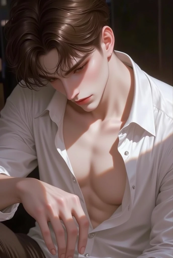 man, european, 25 years old, brown hair, white shirt, open shirt, unbuttoned shirt, t pose, arms stretched, twink, warm light, neutral expression