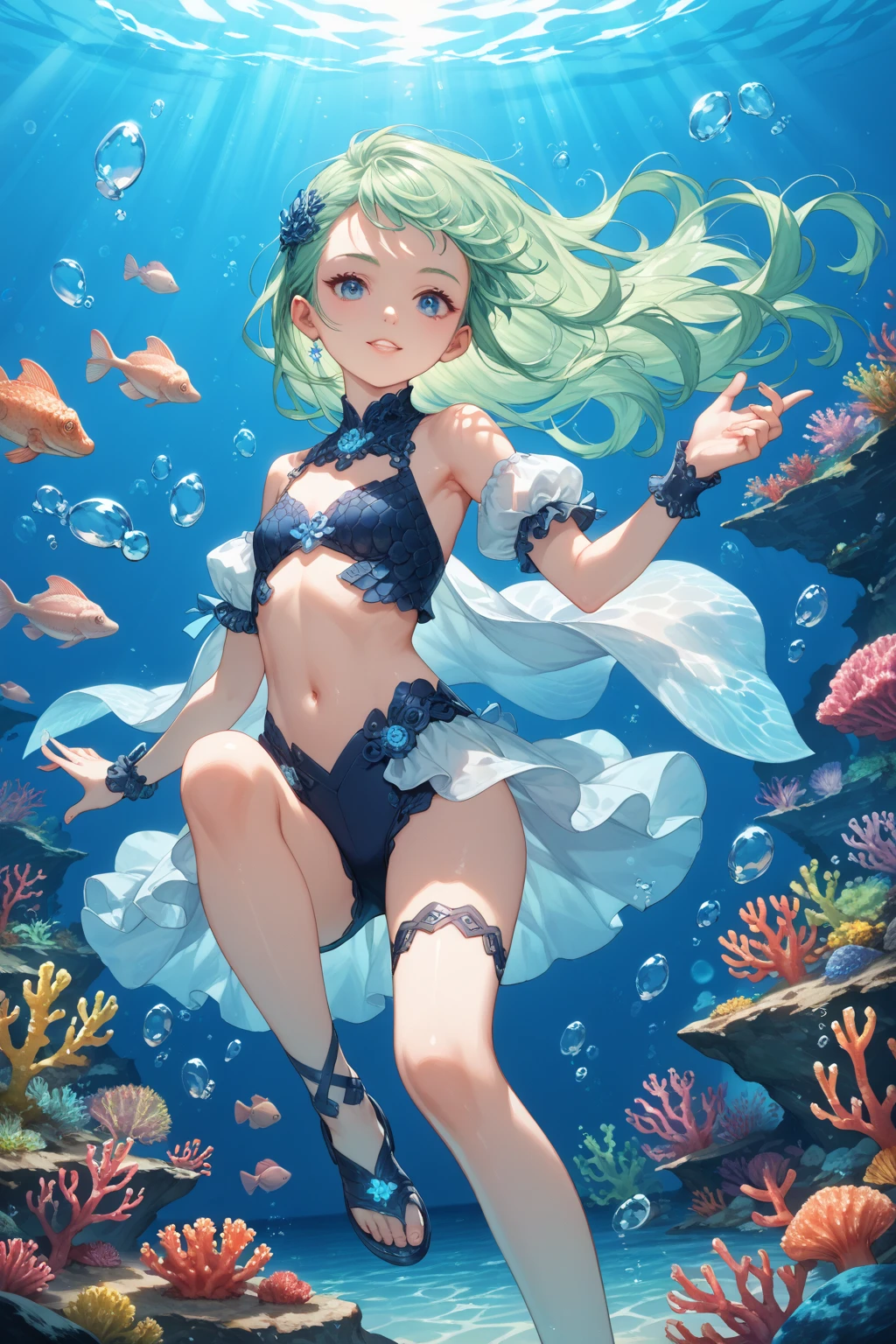 Beautiful woman floating peacefully in clear sparkling sea water。She is wearing a white seashell bikini、The sunlight reflects off the water surface。The water is vibrant shades of blue and green、There are shells scattered all around her.。In this scene, he has his eyes closed and looks comfortable in the calm waves.。Sparkling and beautifully floating。Japanese anime style