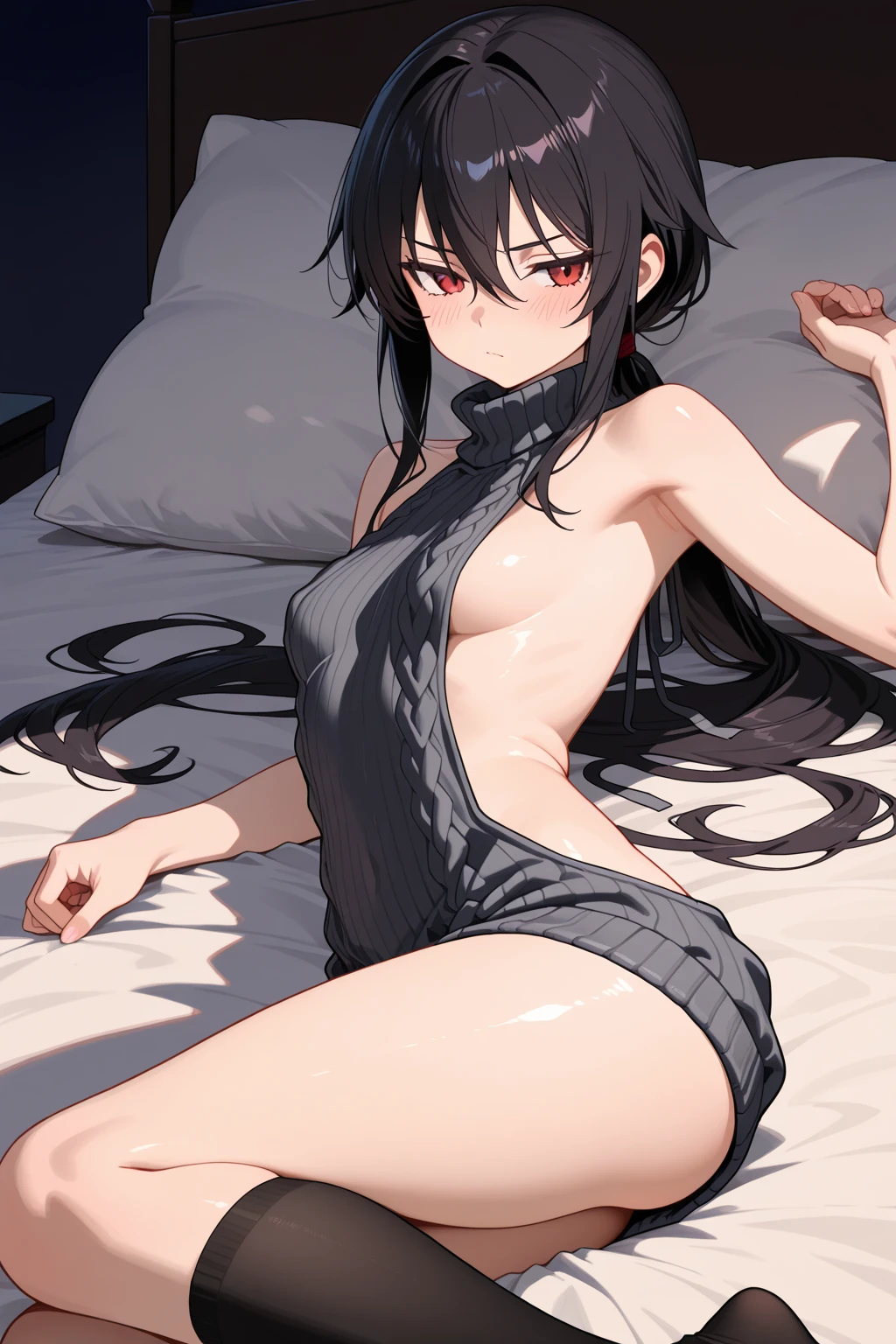 nsfw,orgasm,(1woman and 1man,having sex),man on top,(vaginal penis),1woman solo,20歳の美女、black hair,long hair,blunt bangs,black eyes,tearful,open mouth,drooling,slender body, ideal ratio body proportions,medium breasts,lying,on back,spread legs:1.3,arms behind back,sweat,naked,bara naked,vagina,室内、簡素なホテル、簡素な寝室、簡素なベッド、東京、