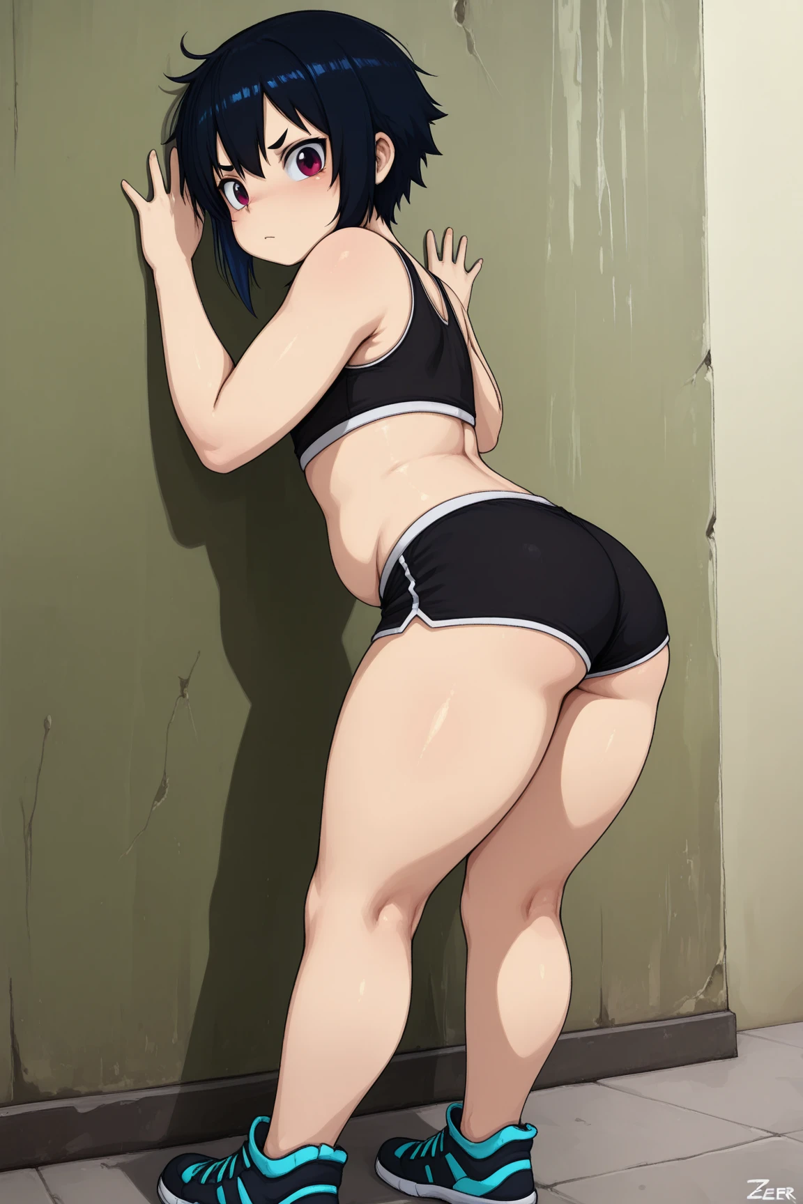 Anime girl blue hair blue eyes bikini suit brown rope tied hands behindback and tape gagged look from behind