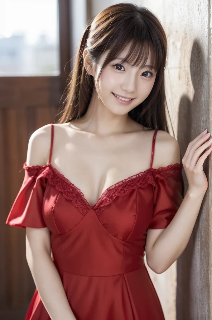 ((top-quality、masterpiece:1.2、8K、portlate、Reality Photography、Beautiful bright dimming))、(((Lovely woman)))、Smooth and perfect body、((Casual Hair、Colossal tits:1.5、Tiny 、red lace dress))、resturant、huge window、Tokyo Tower、(Big smile)、((Puppy eyes))、The whole body is reflected