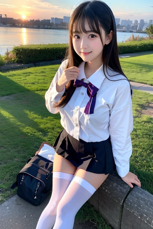 underwear, photo of 20 y.o lady, cute, panties, ((kpop idol)), lace panties, sitting, pantyshot, spread legs, skirt, school uniform, white panties, socks, black hair, shirt, blurry, blurry background, kneehighs, white shirt, loafers, realistic, long hair, lips, brown eyes, black socks, bowtie, pleated skirt, bow, head rest, looking to the side, outdoors, brown footwear, masterpiece, best quality, ultra-detailed,