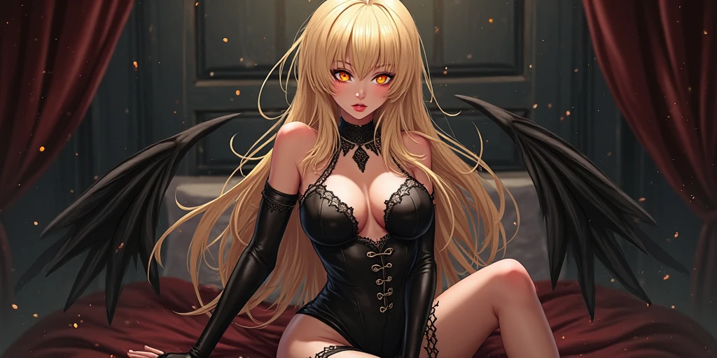 ((highest quality)), ((masterpiece)), (be familiar with), perfect face、Enchanted body、unparalleled beauty
(blonde、blue eyes、semi-long、transformation heroine、black gemstone earrings、Large Red Gem Pendant、devil's horns、long devil tail、Big devil's wing)
evil female executive、black costume、black bondage、Black Pitch Resuit、Wicked Circlet、evil depravity、brainwashing、Obscene lines、black boots、black dress