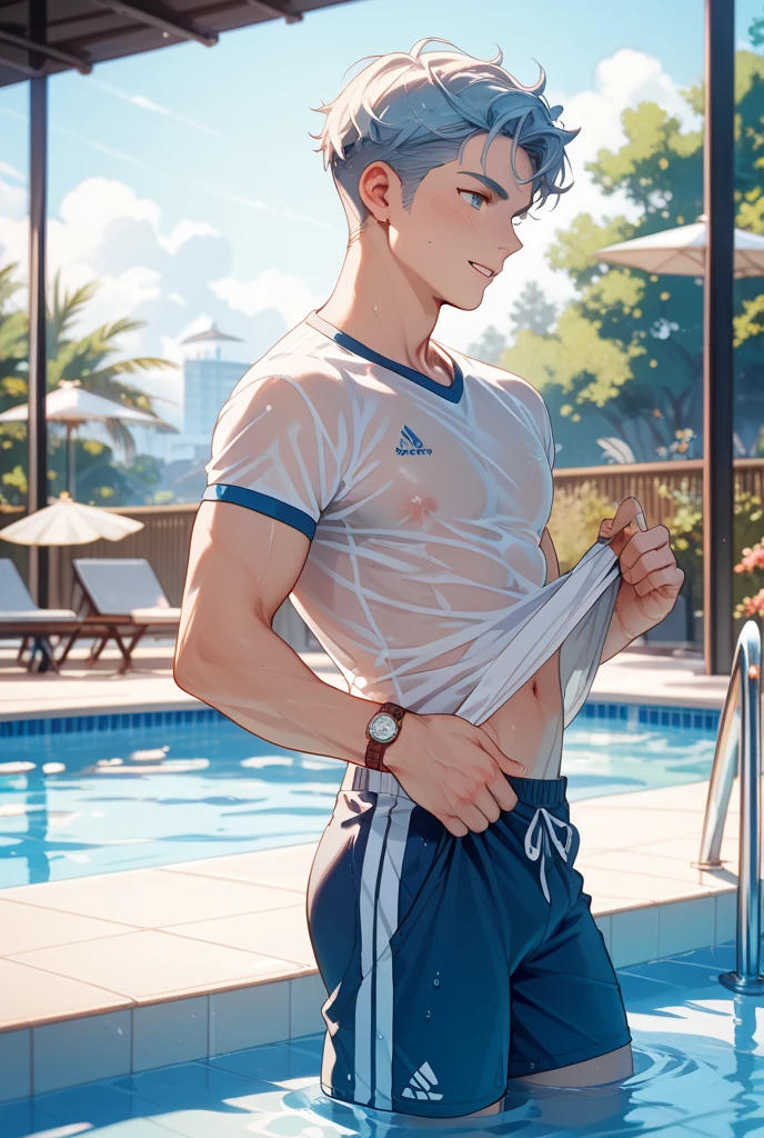 masterpiece, best quality, cute and beautiful boy, highly detailed beautiful face and eyes,highly detailed skin,
1boy, adult, cute boy, yaoi, black hair, brown eyes, nude, swim trunks, wet, blush, panty bulge, standing, Background is pool side, ((full body)),
<lora:MISC_pantybulge_v1:0.8>
