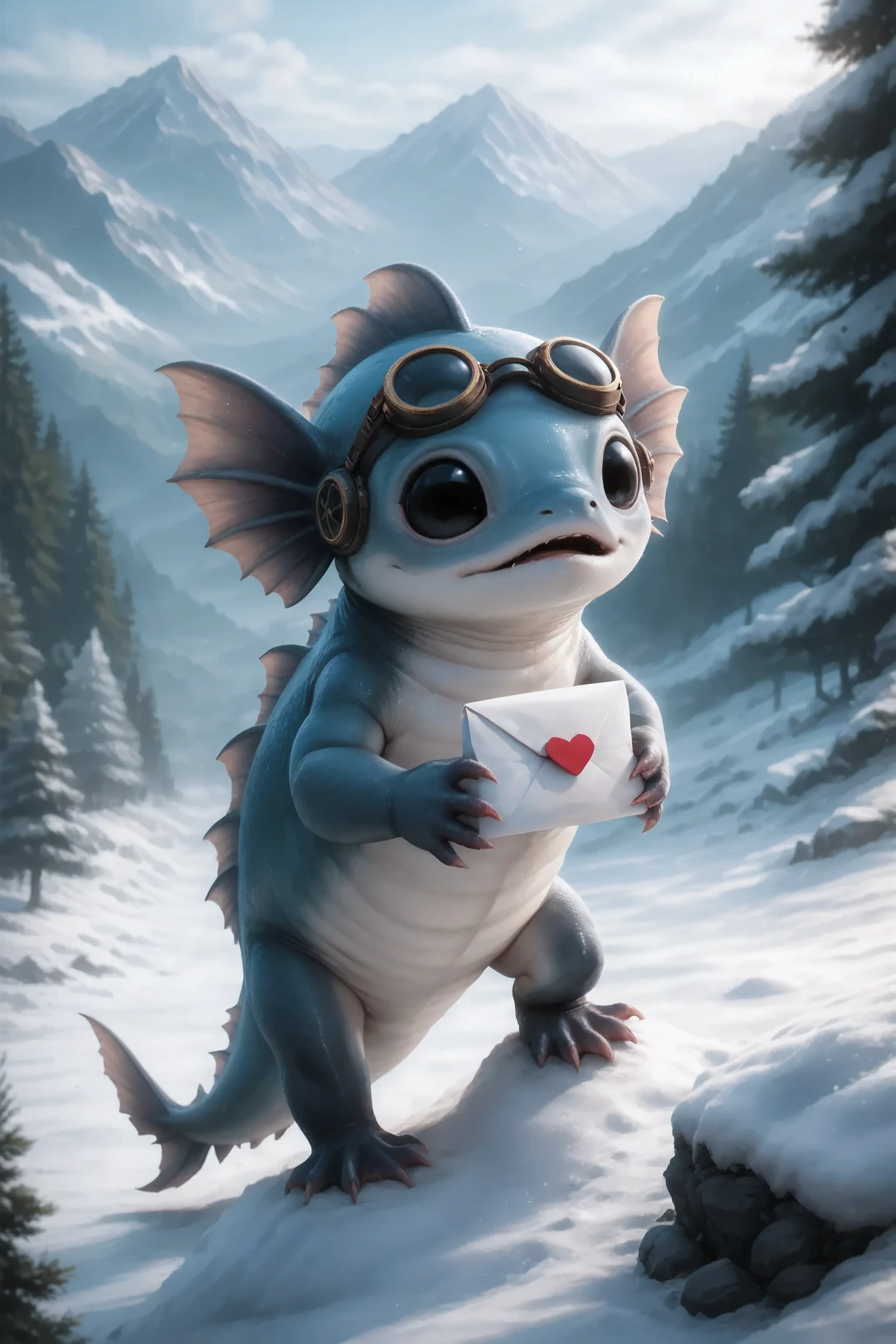 A cute axolotl holds a letter in his paw and climbs a snow-covered mountain along a path in the snow Below is a view of the icy valley. open mouth. snowy spruce trees and snow cedars, Mountain peaks. View slightly from above. Snow on the creature. very cold . fins on the head. Steampunk aviation glasses on top of his head. Character_Fuli, very tired, exhaustion on his face.
masterpiece, best quality, ultra-detailed, A cinematic emotional static frame, 8K UHD, extreme detail, physical-based rendering, HDR.
Unrealistic image, fantasy genre, dramatic lighting. Highly detailed digital art style, (SFW:1.3).