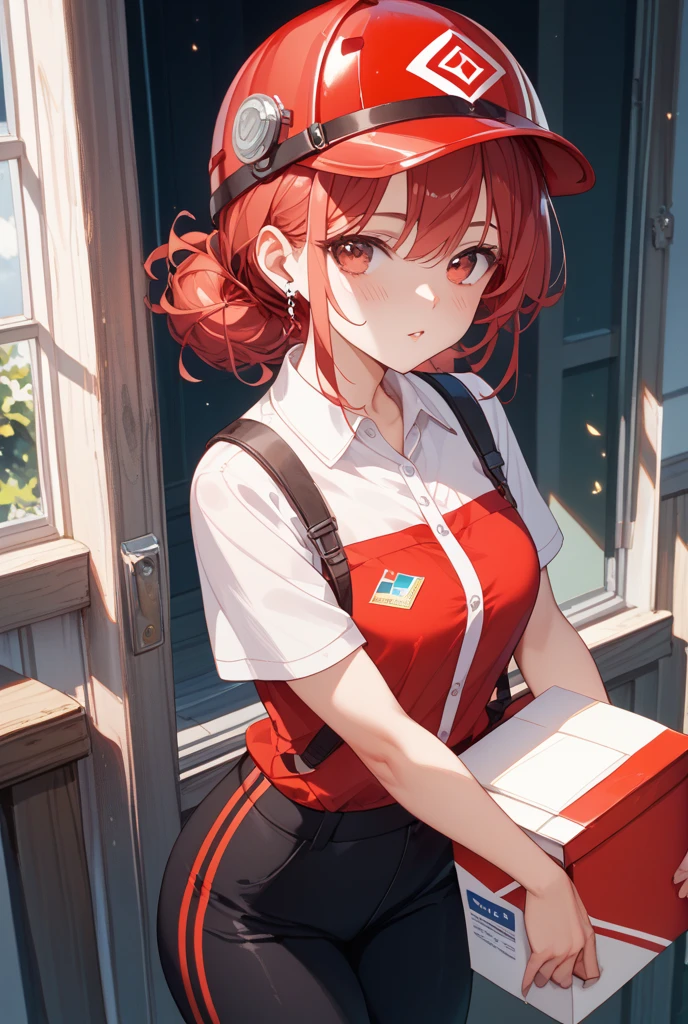 1girl, solo, red hair, red eyes, twintails, employee uniform, mini skirt, skull print, navy cap, orange sky,, outdoors, train station, standing in front of bus,, 