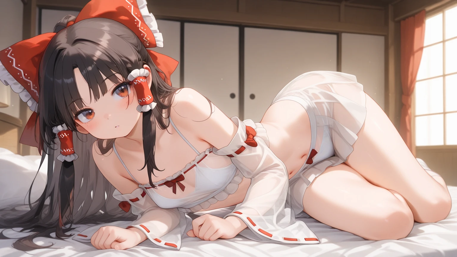 ((masterpiece, best quality)), Delicate face，Maid，whole body，Long legs，Large Breasts，Gradient long wavy hair，Perfect body proportions，Nice red eyes，Extremely beautiful，transparent， Pure white background，Lying on the bed，Erotic_lingerie，Sexy_Bikini，Lace，Garter stockings