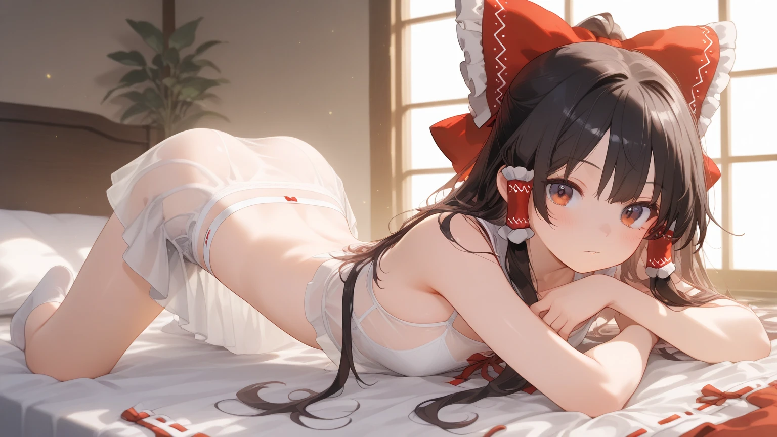 Best quality, Masterpiece, A high resolution, 1girll, Comely,Black and red eyes, hair adornments, ,,ssmile,Lips, (比基尼(the detail)),hair adornments, necklace, jewelry, High ponytail, , Beds(Cock your ass,get down on the bed), Breast in(Portray the details), (arms at sides:1.2), full bodyesbian,wearing white through panties(Detail portrayal,Pubic area is clear),is shy,The body is clearly portrayed(Positive facial features)